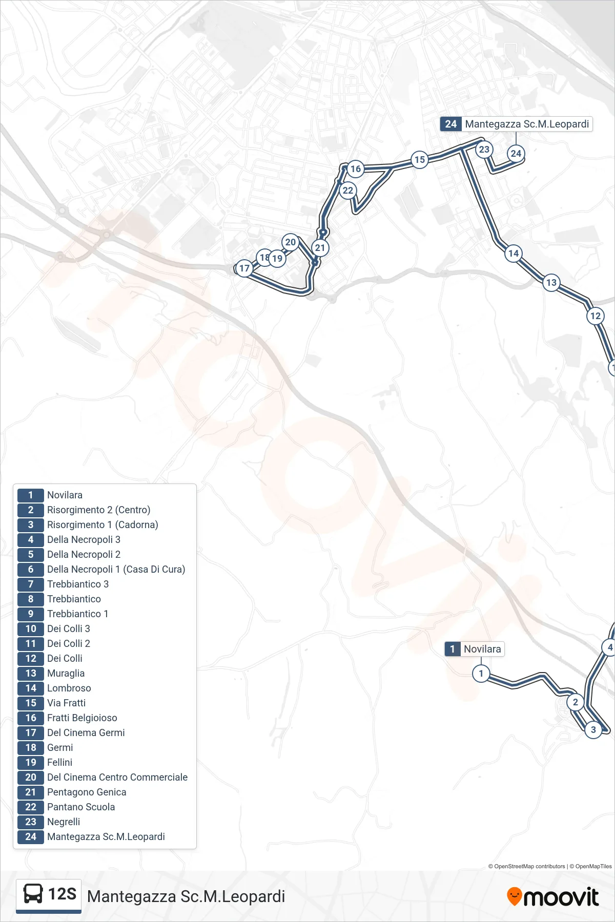 Linea 12S  bus (Mantegazza Sc.M.Leopardi) - Percorsi e fermate sulla mappa