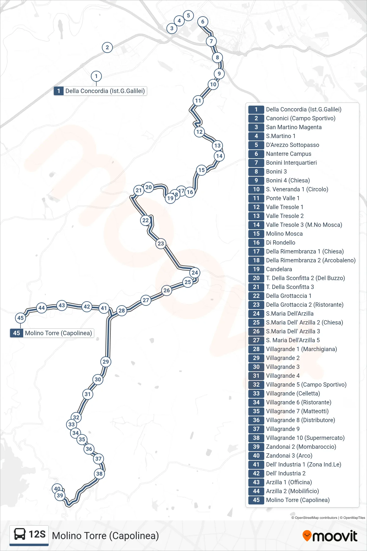 Linea 12S bus (Molino Torre (Capolinea)) - Percorsi e fermate sulla mappa