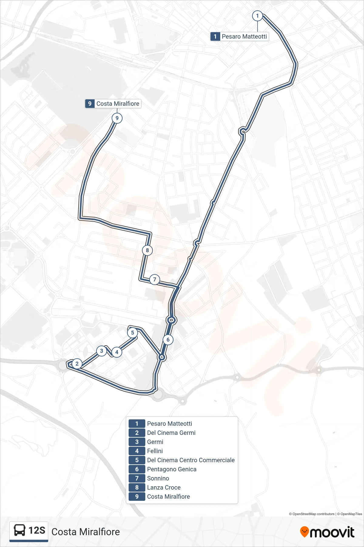 Linea 12S  bus (Costa Miralfiore) - Percorsi e fermate sulla mappa