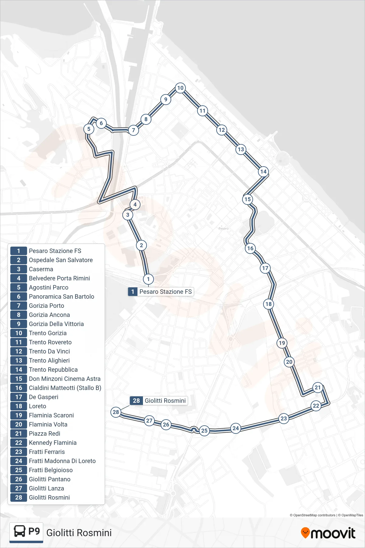 Linea P9 bus (Giolitti Rosmini) - Percorsi e fermate sulla mappa