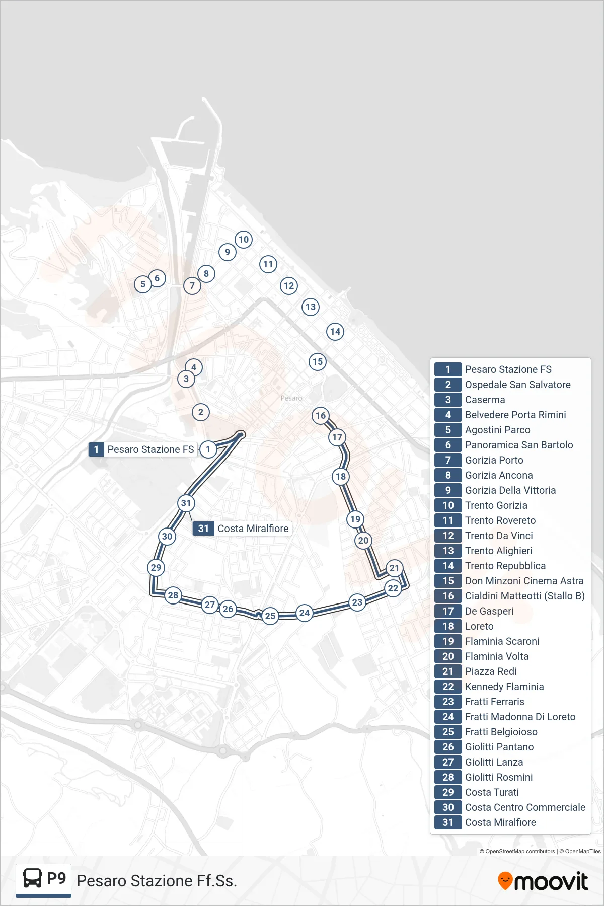 Linea P9  bus (Pesaro Stazione Ff.Ss.) - Percorsi e fermate sulla mappa