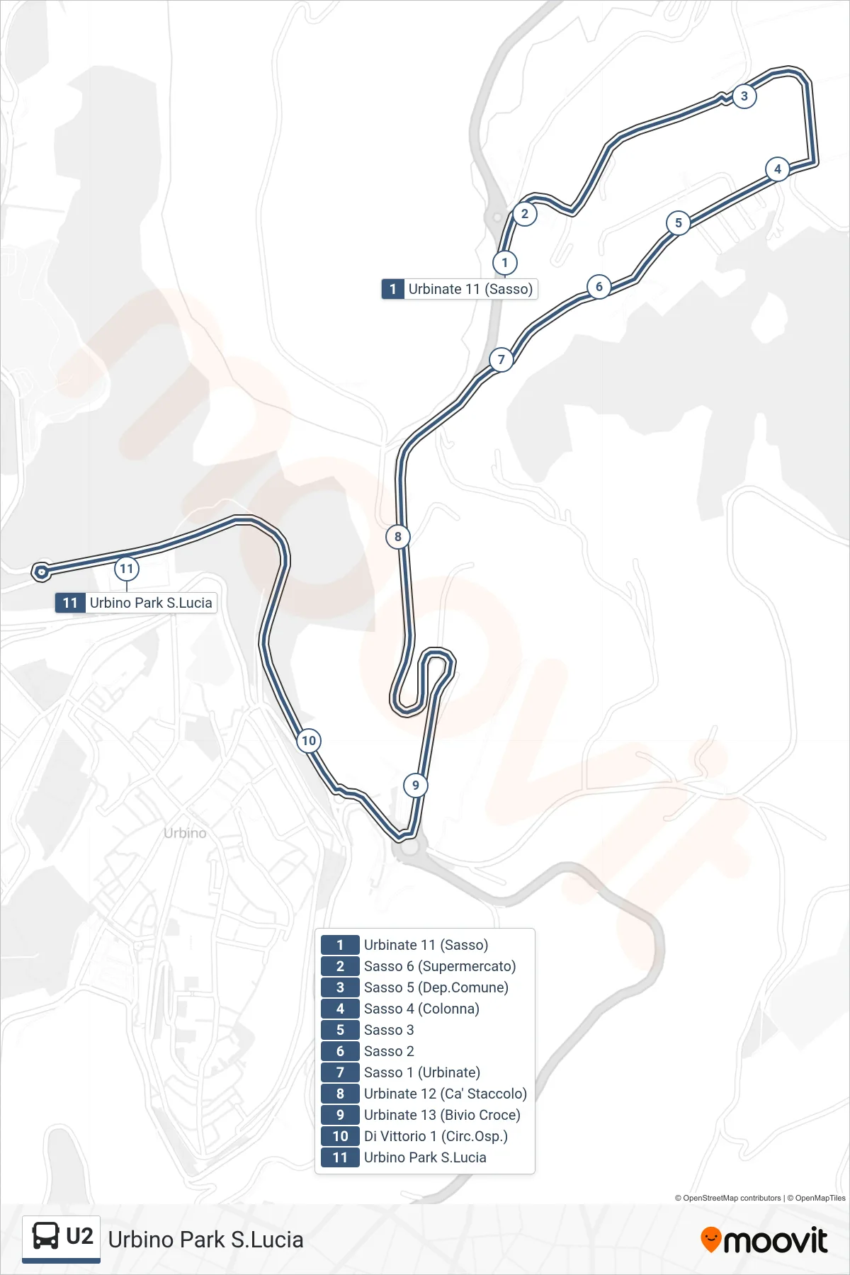 Linea U2 bus (Urbino Park S.Lucia) - Percorsi e fermate sulla mappa