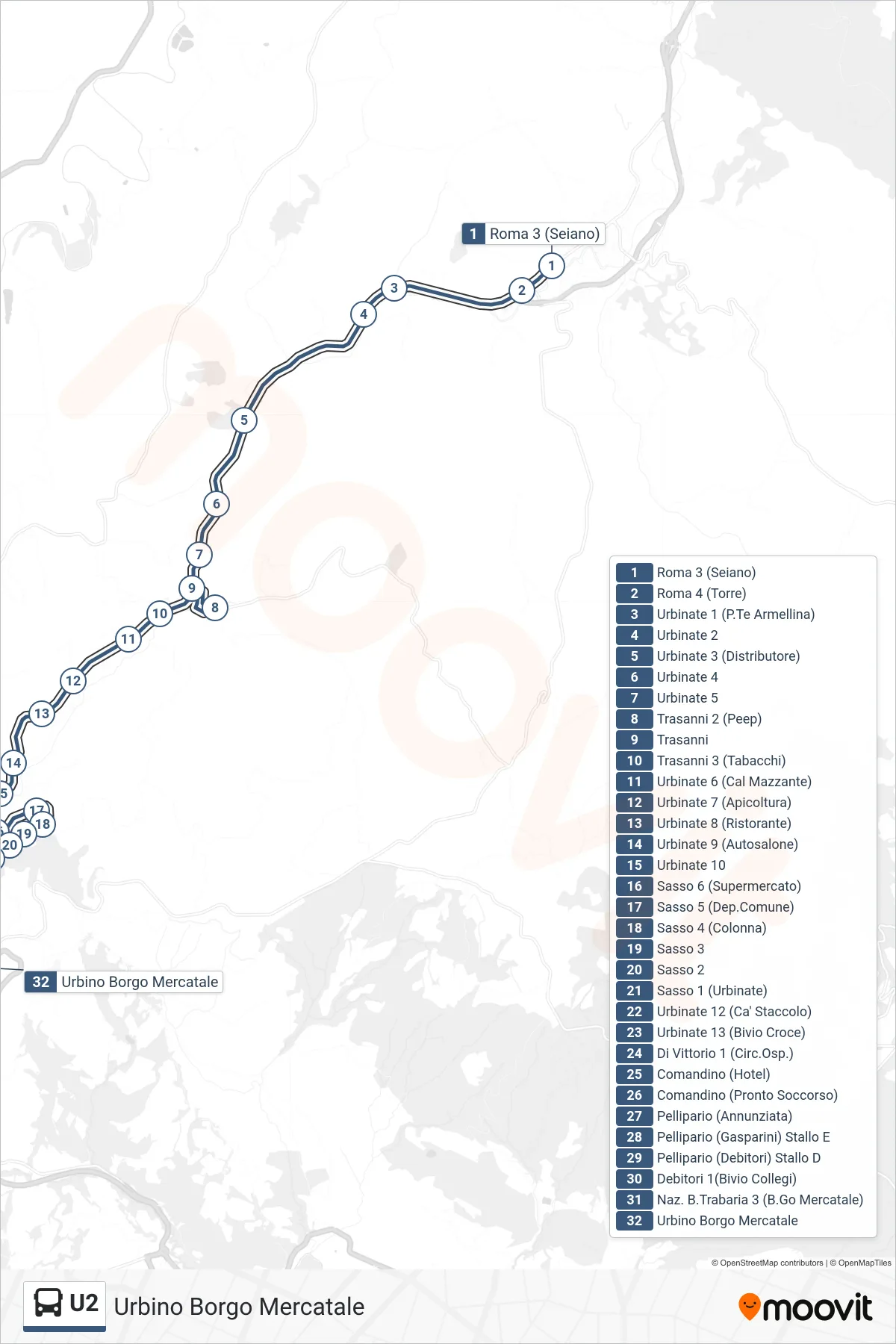 Linea U2  bus (Urbino Borgo Mercatale) - Percorsi e fermate sulla mappa