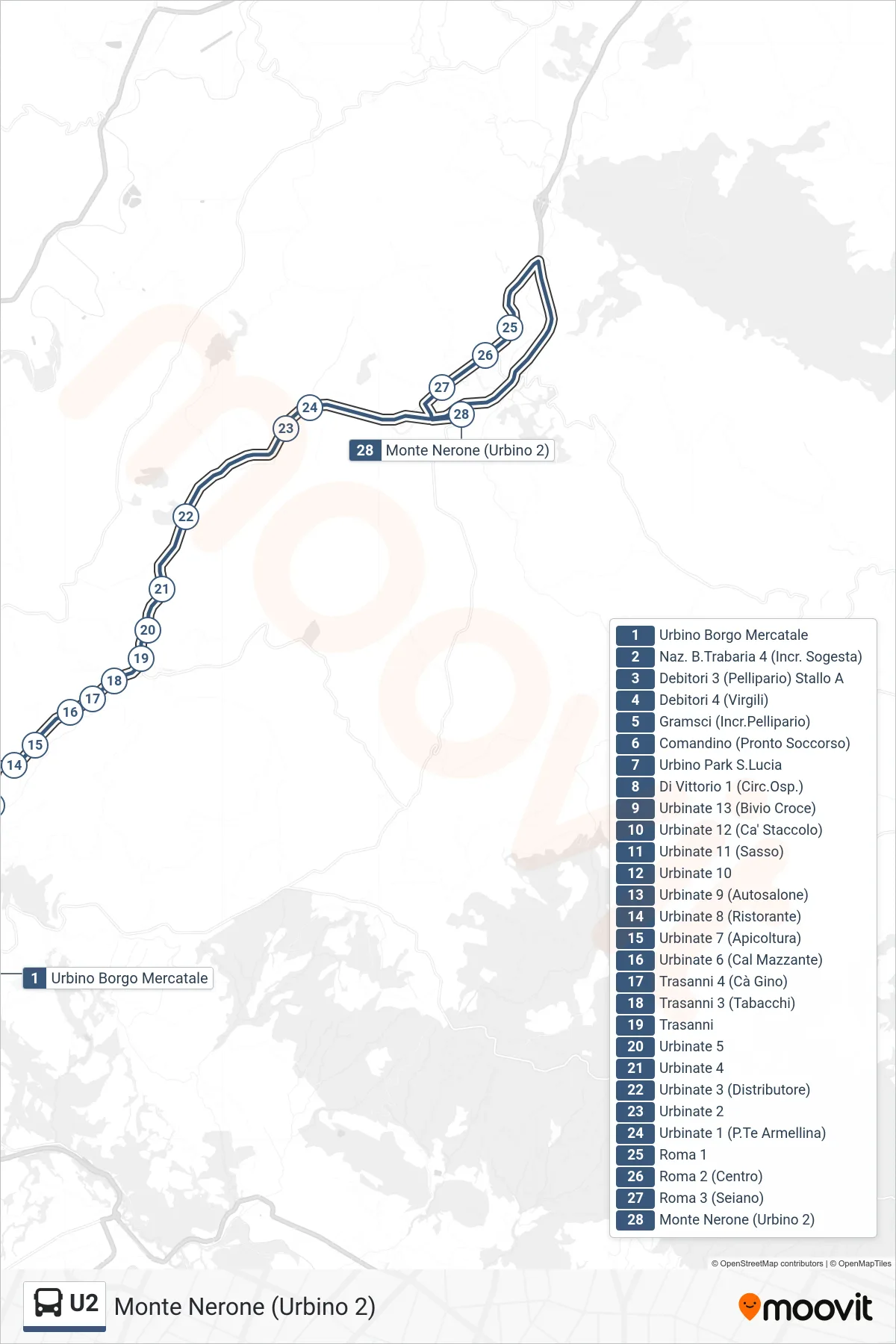Linea U2  bus (Monte Nerone (Urbino 2)) - Percorsi e fermate sulla mappa