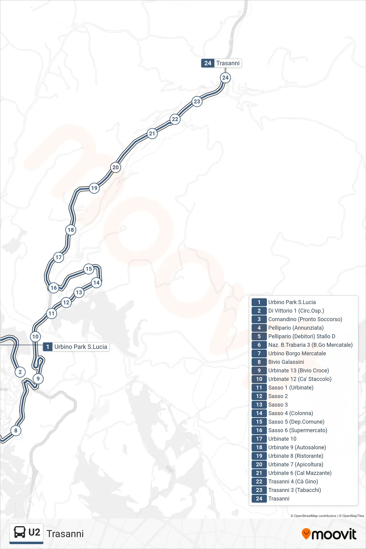 Linea U2 bus (Trasanni) - Percorsi e fermate sulla mappa