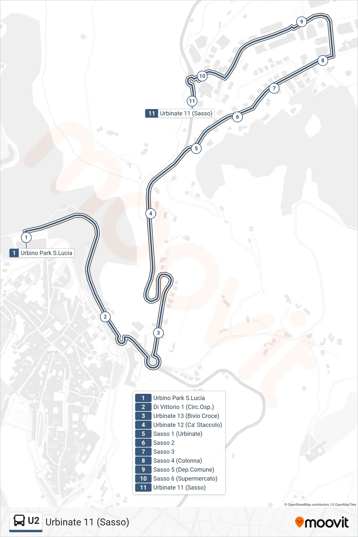 Linea U2 bus (Urbinate 11 (Sasso)) - Percorsi e fermate sulla mappa