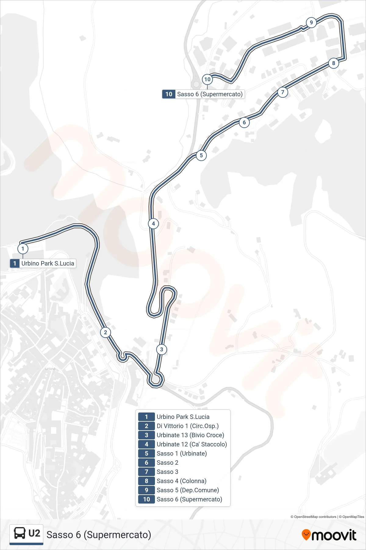 Linea U2 bus (Sasso 6 (Supermercato)) - Percorsi e fermate sulla mappa