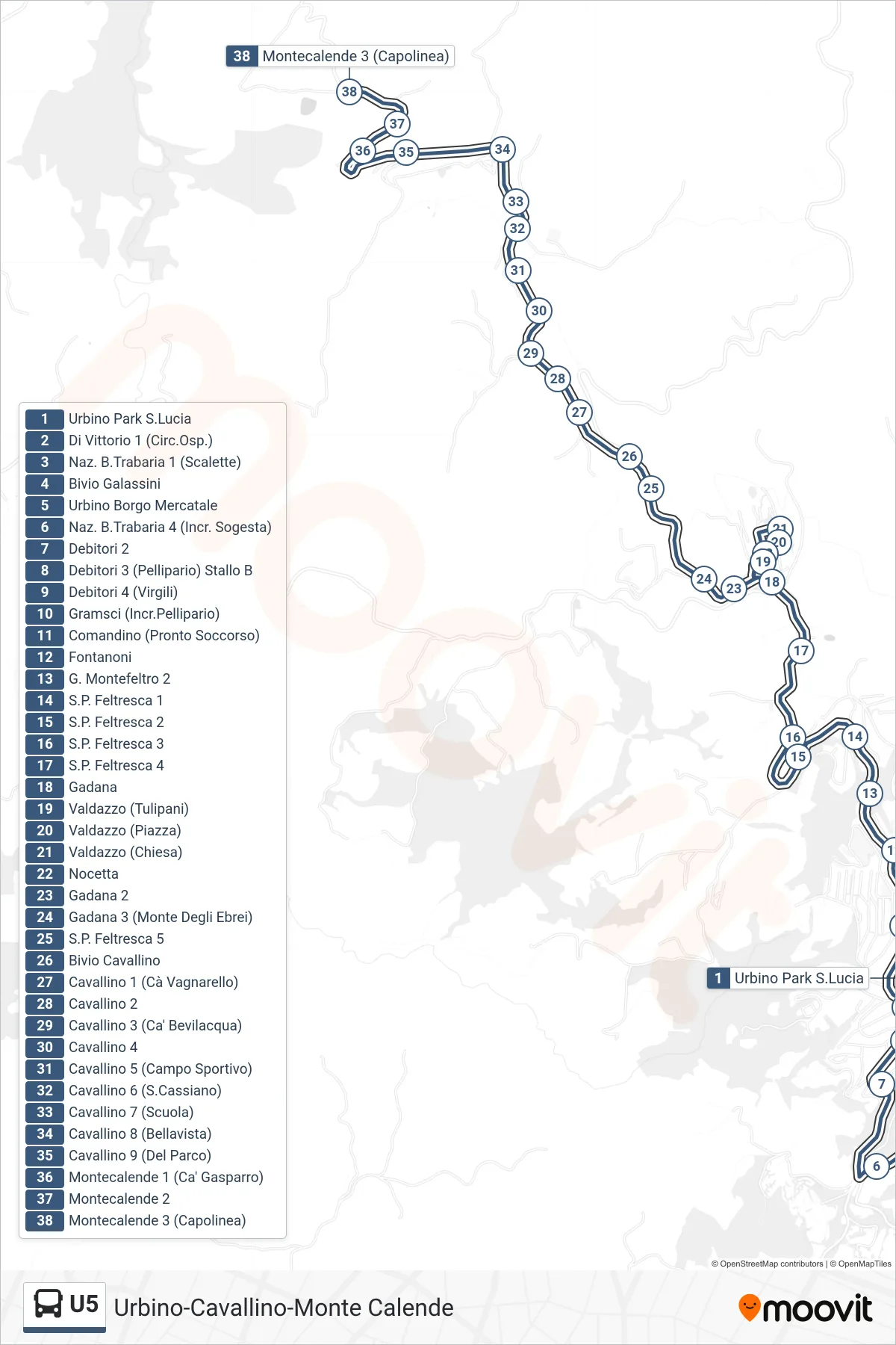 Linea U5 bus (Montecalende 3 (Capolinea)) - Percorsi e fermate sulla mappa