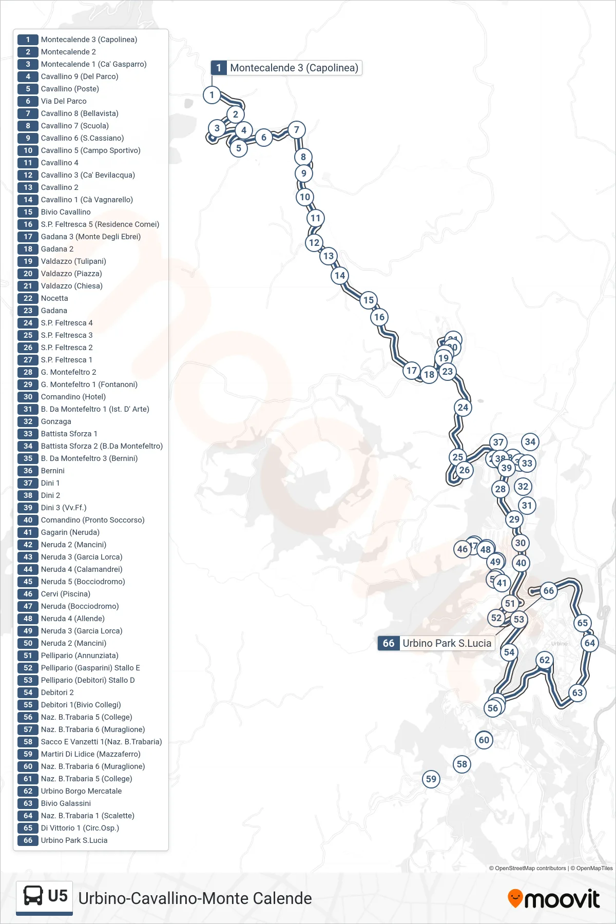 Linea U5 bus (Urbino Park S.Lucia) - Percorsi e fermate sulla mappa
