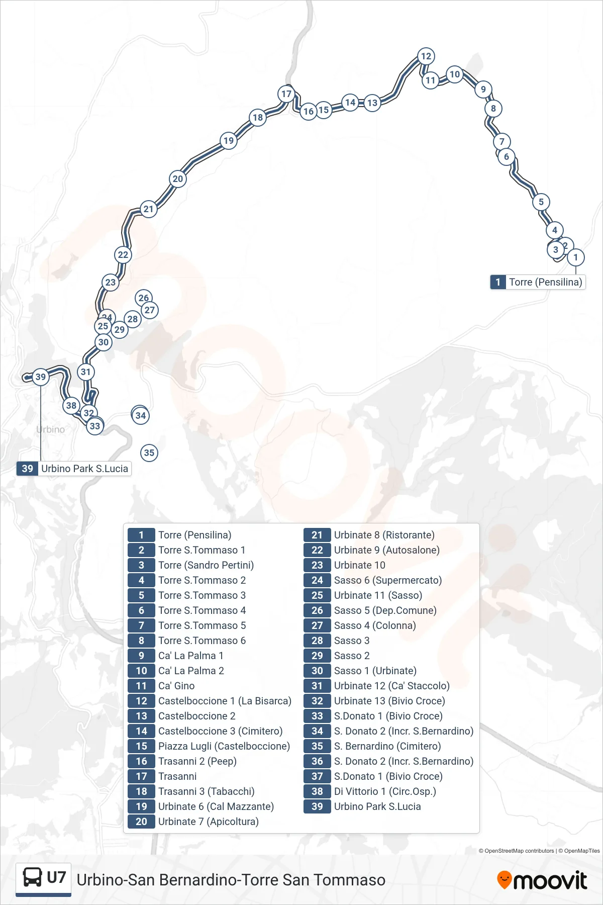 Linea U7  bus (Urbino Park S.Lucia) - Percorsi e fermate sulla mappa