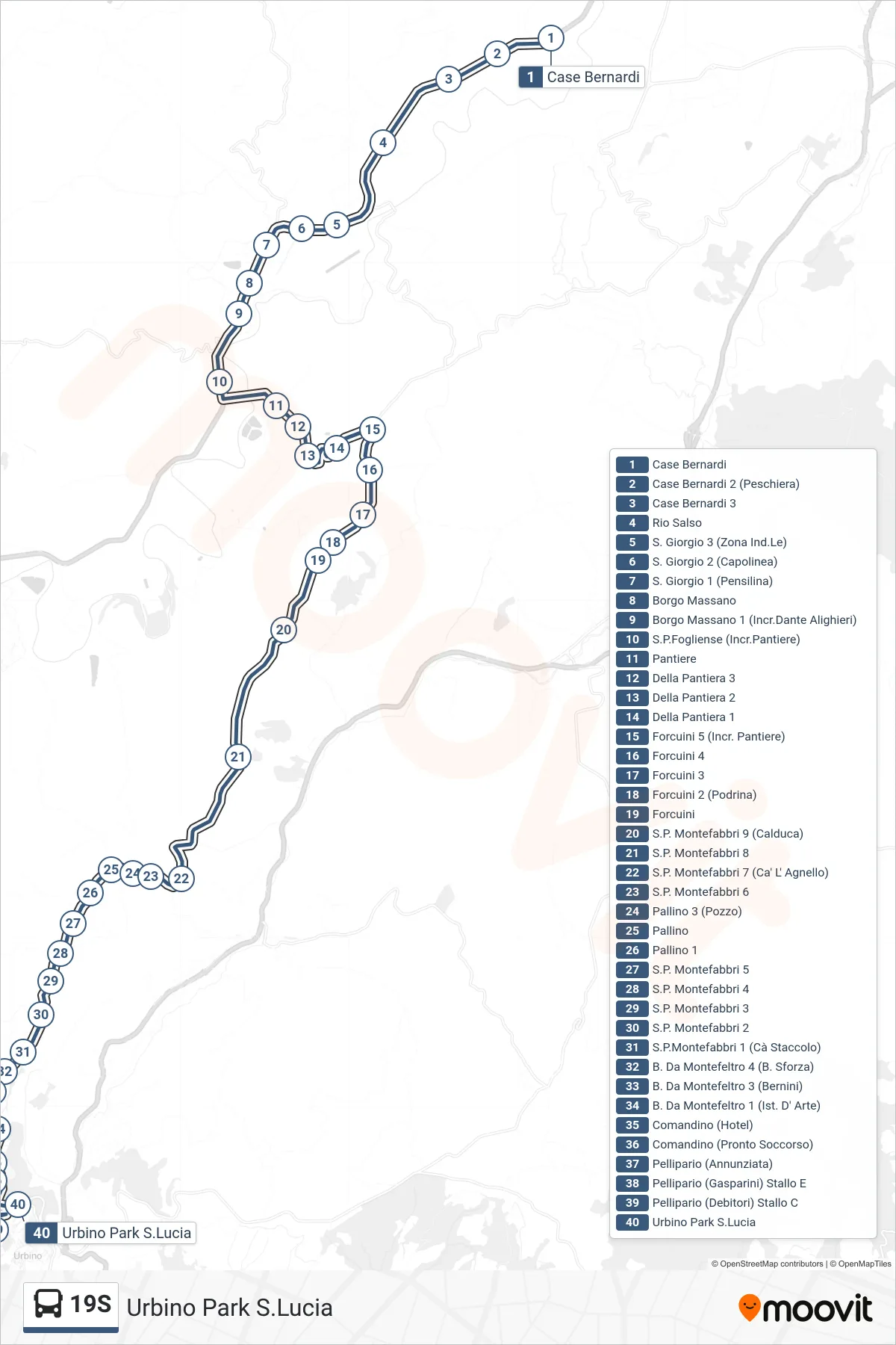 Linea 19S  bus (Urbino Park S.Lucia) - Percorsi e fermate sulla mappa