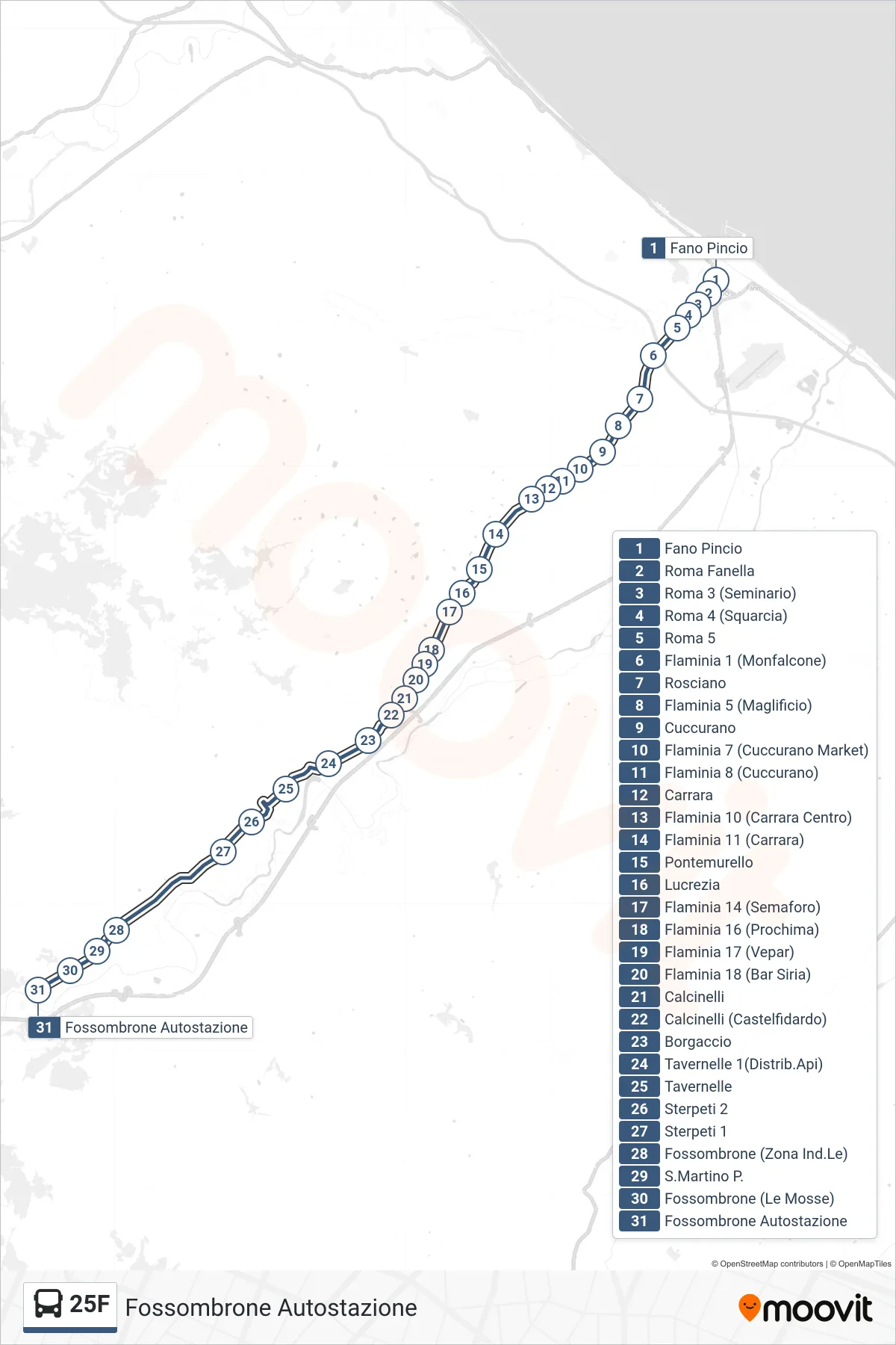 Linea 25F bus (Fossombrone Autostazione) - Percorsi e fermate sulla mappa