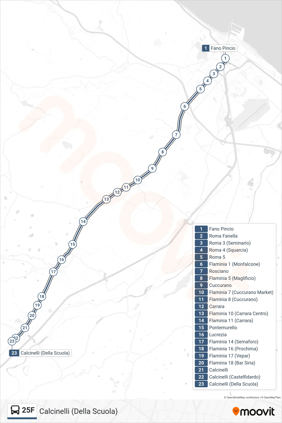Linea 25F  bus (Calcinelli (Della Scuola)) - Percorsi e fermate sulla mappa