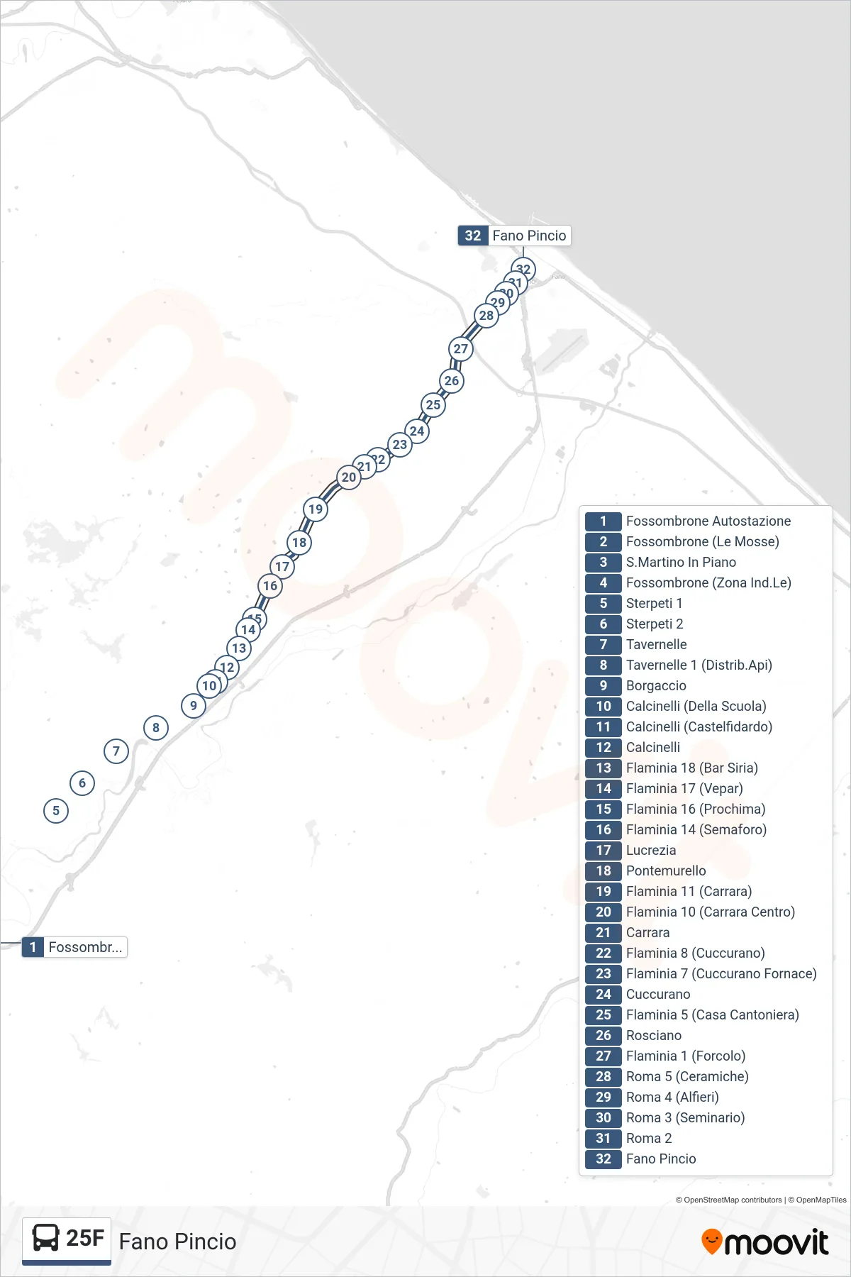 Linea 25F bus (Fano Pincio) - Percorsi e fermate sulla mappa