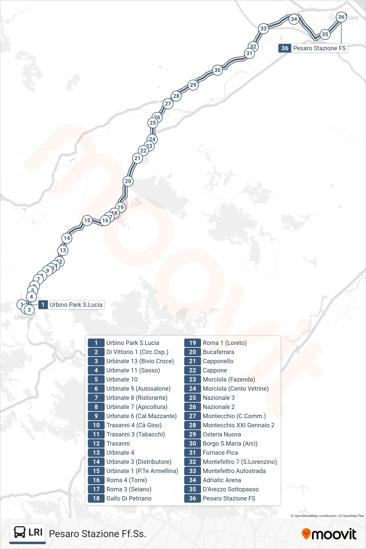 Linea LRI  bus (Pesaro Stazione Ff.Ss.) - Percorsi e fermate sulla mappa