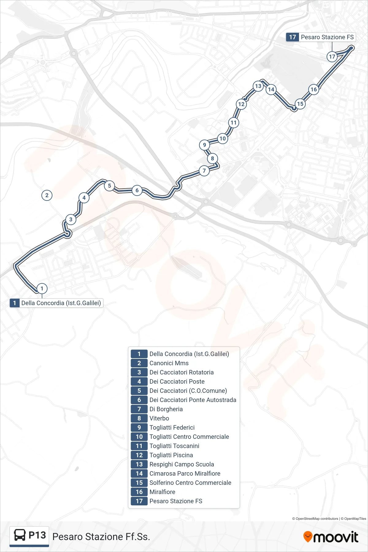 Linea P13 bus (Pesaro Stazione Ff.Ss.) - Percorsi e fermate sulla mappa
