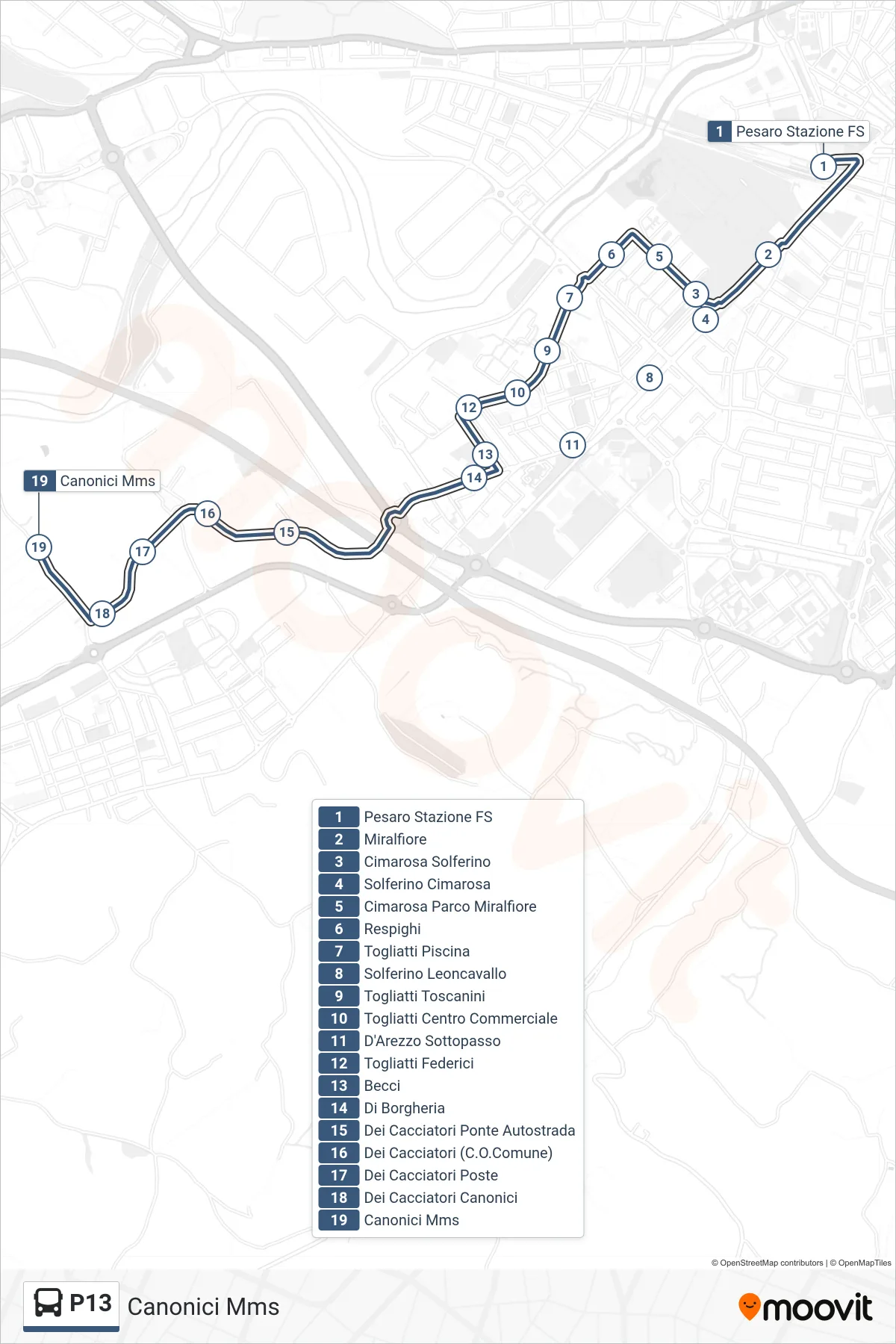 Linea P13  bus (Canonici Mms) - Percorsi e fermate sulla mappa