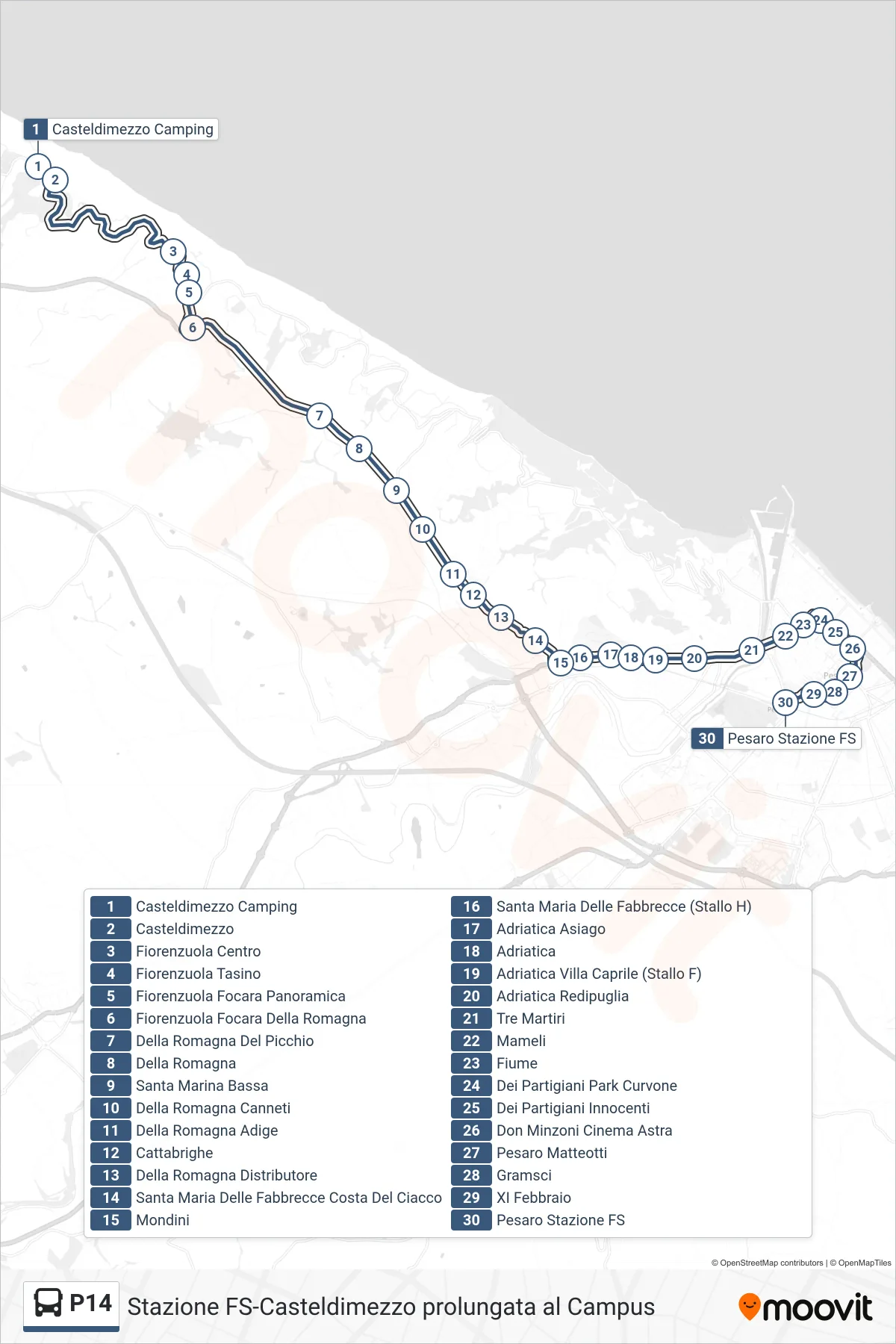 Linea P14 bus (Pesaro Stazione Ff.Ss.) - Percorsi e fermate sulla mappa