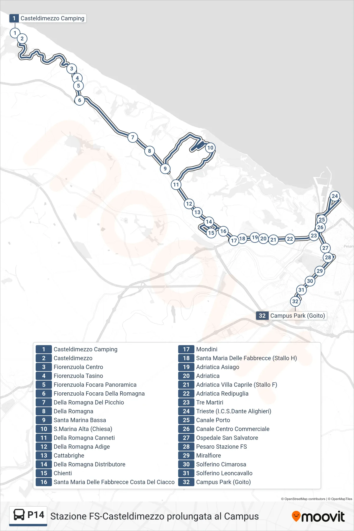 Linea P14 bus (Campus Park (Goito)) - Percorsi e fermate sulla mappa