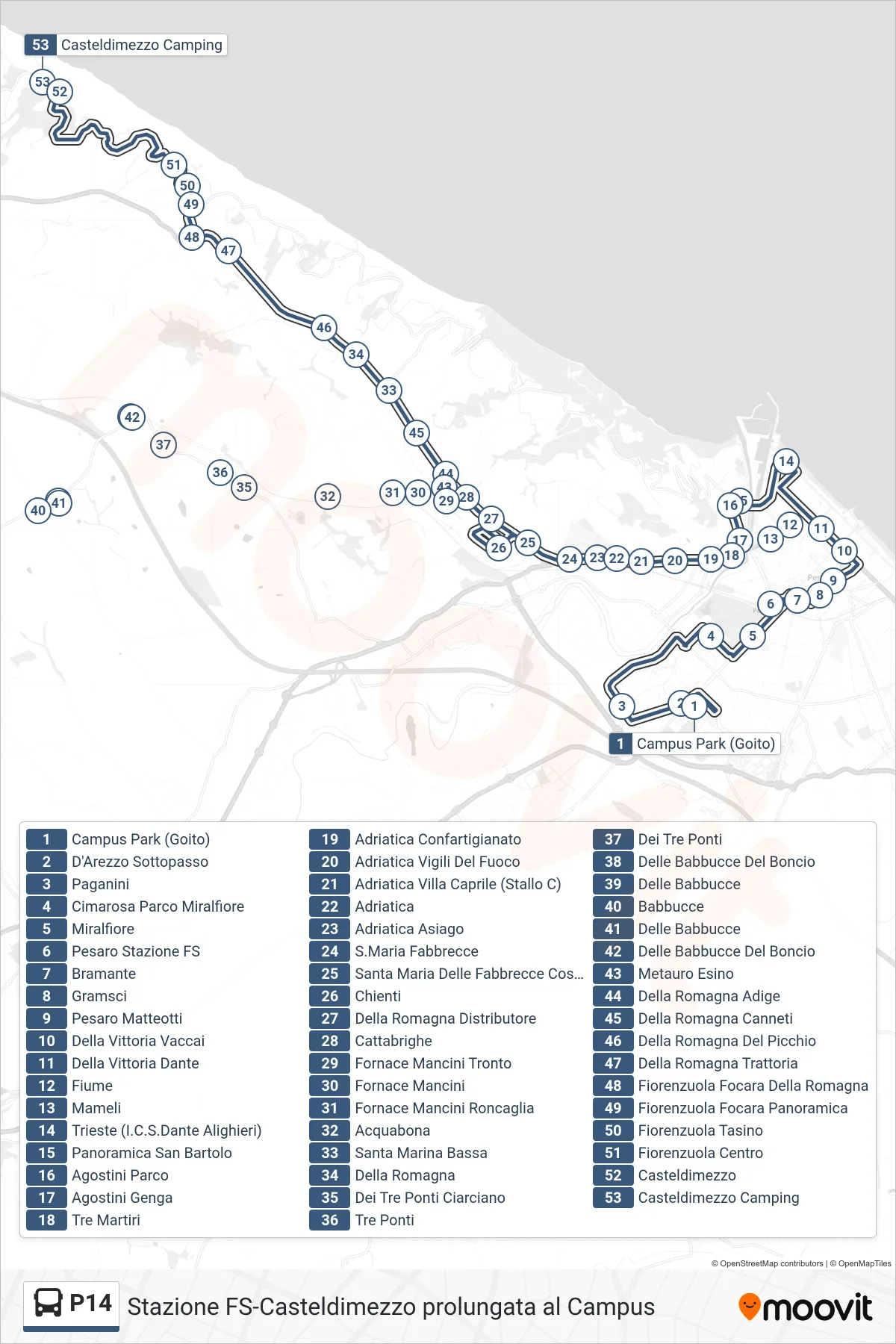 Linea P14 bus (Casteldimezzo Camping) - Percorsi e fermate sulla mappa