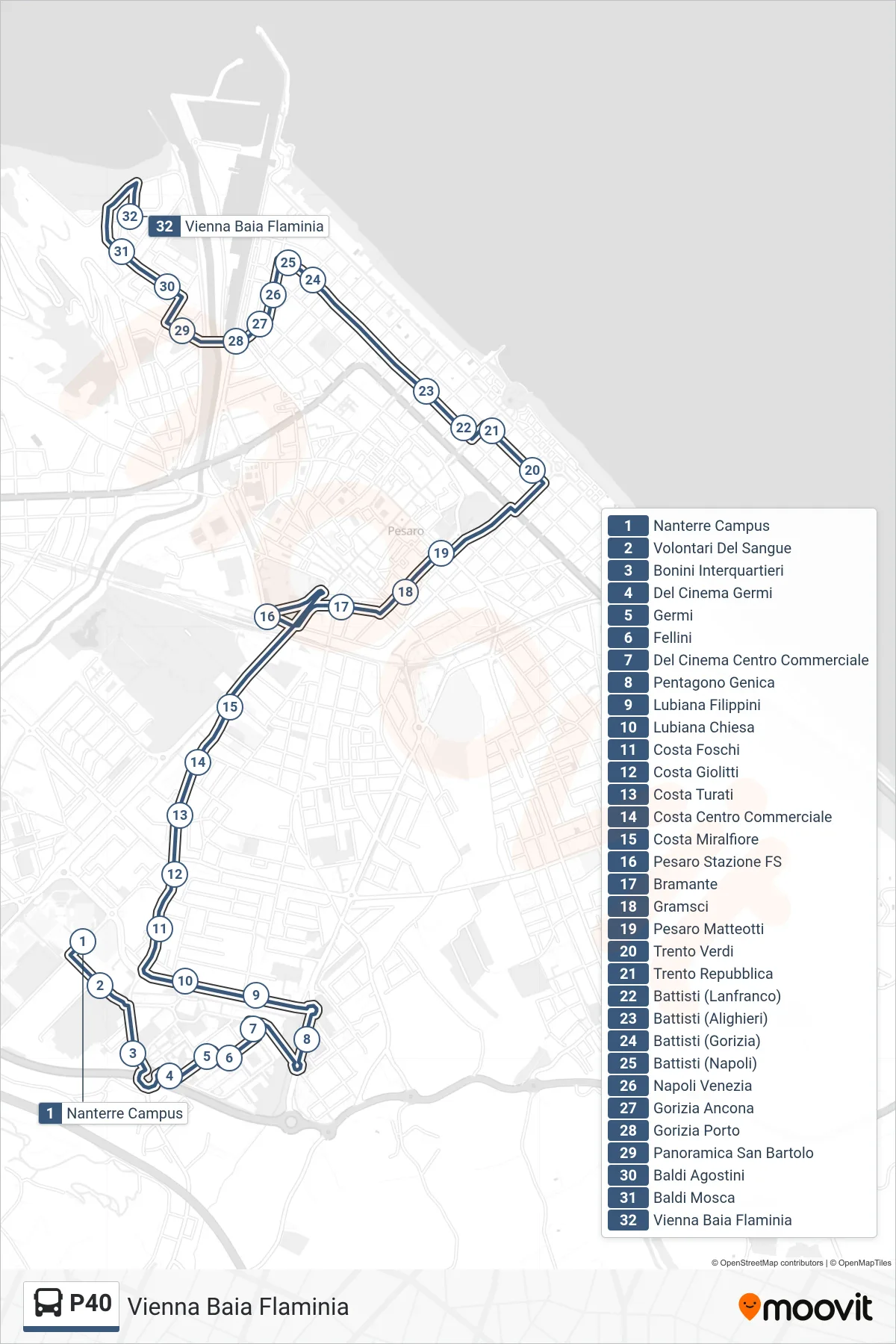 Linea P40  bus (Vienna Baia Flaminia) - Percorsi e fermate sulla mappa