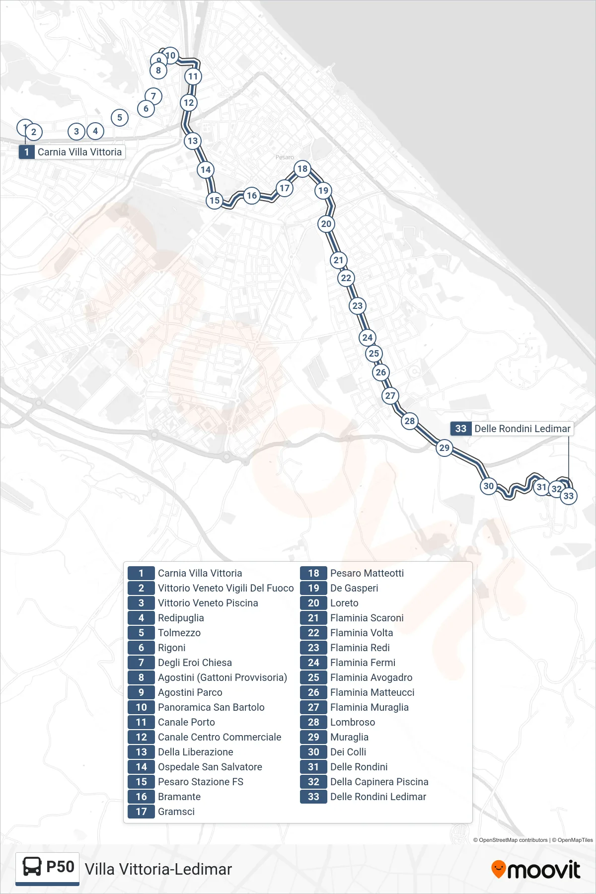 Linea P50 bus (Delle Rondini Ledimar) - Percorsi e fermate sulla mappa