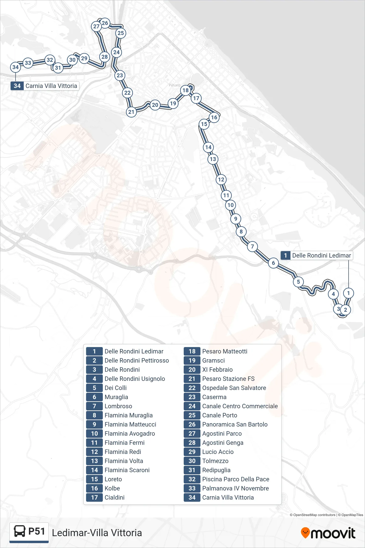 Linea P51  bus (Carnia Villa Vittoria) - Percorsi e fermate sulla mappa