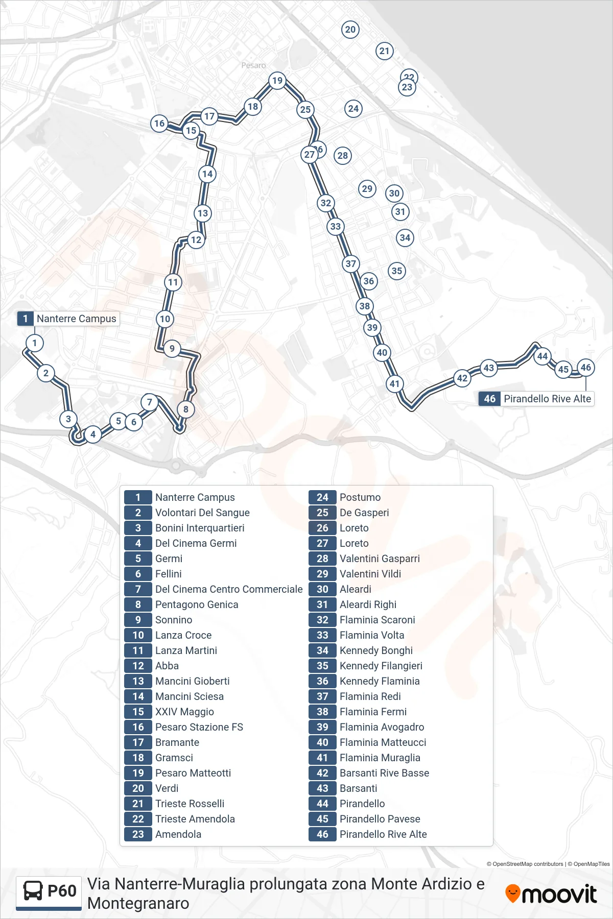 Linea P60  bus (Pirandello Rive Alte) - Percorsi e fermate sulla mappa