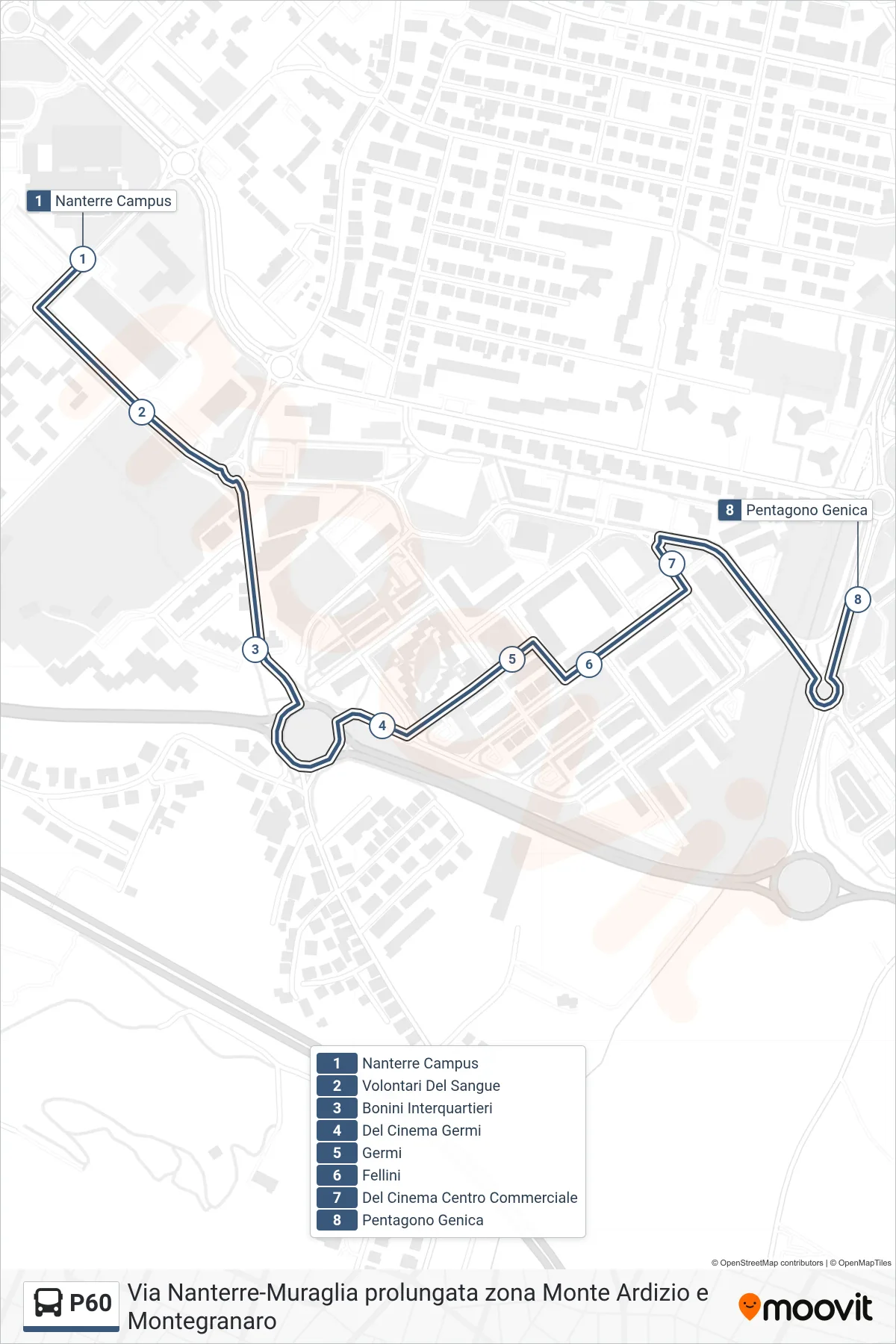 Linea P60  bus (Pentagono Genica) - Percorsi e fermate sulla mappa