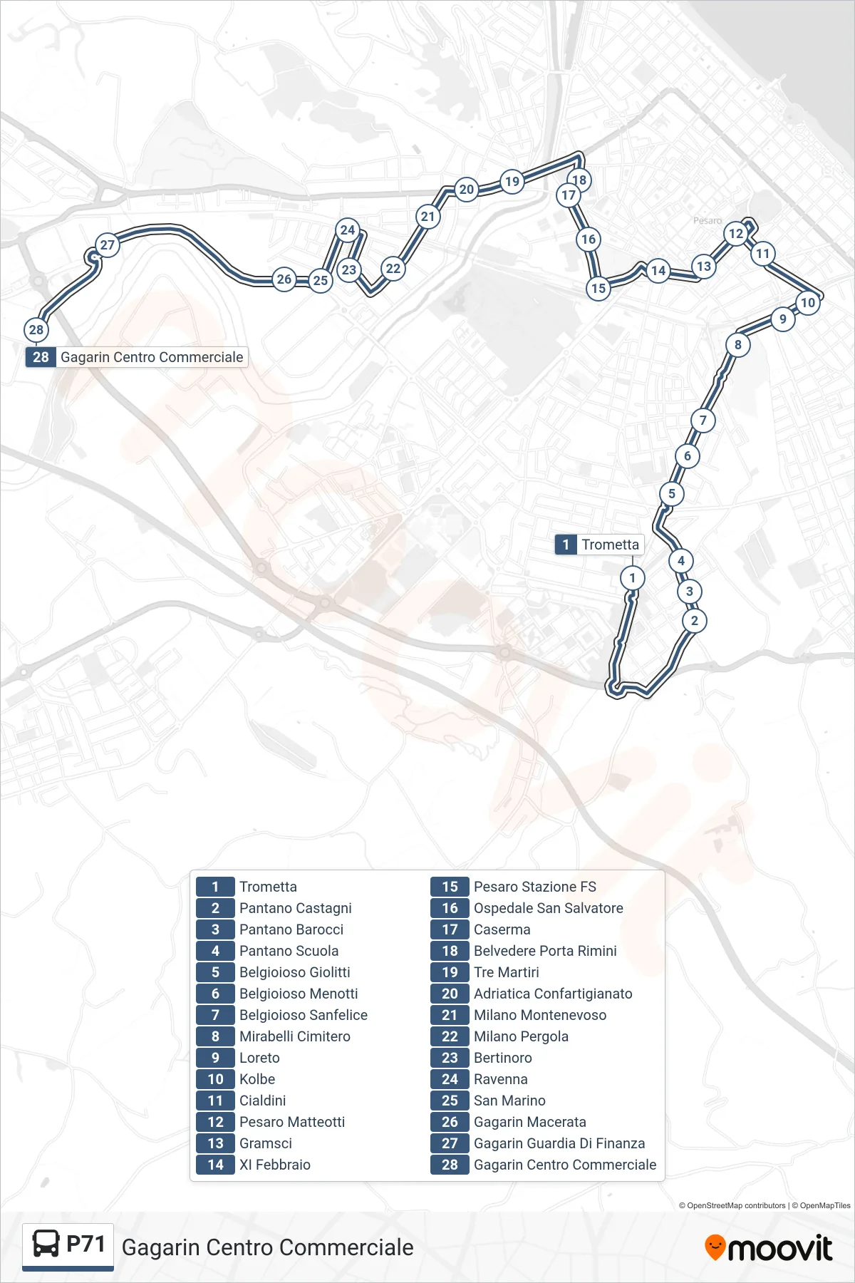 Linea P71  bus (Gagarin Centro Commerciale) - Percorsi e fermate sulla mappa