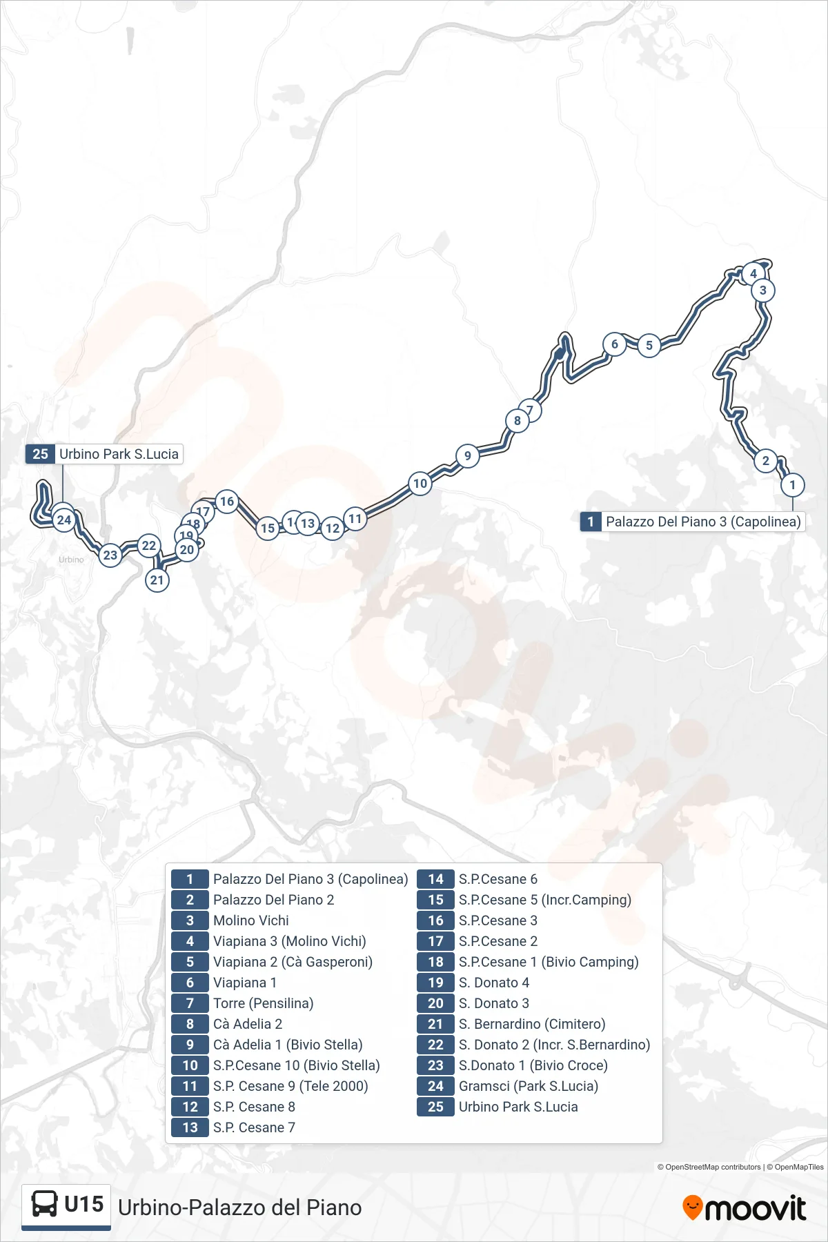 Linea U15  bus (Urbino Park S.Lucia) - Percorsi e fermate sulla mappa