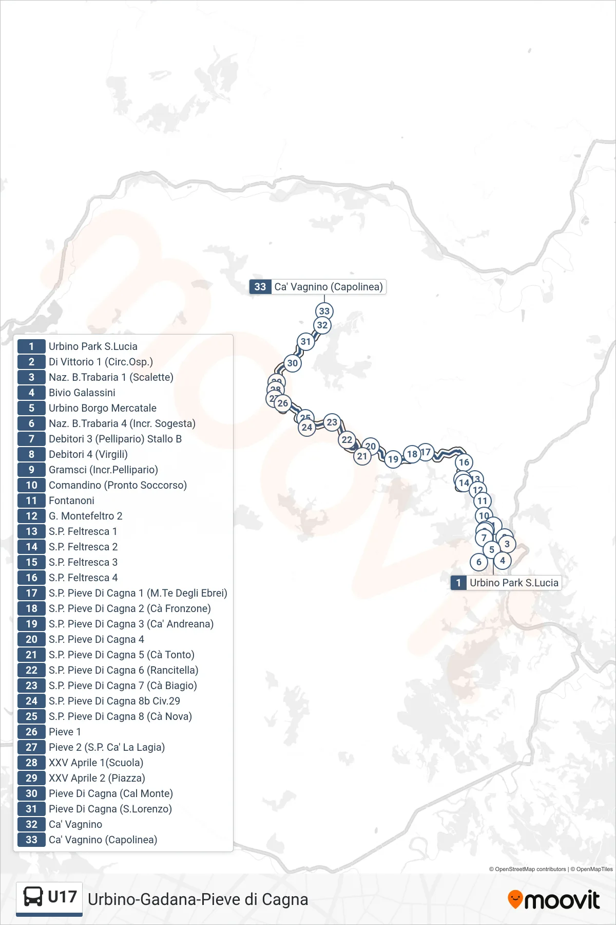 Linea U17 bus (Ca' Vagnino (Capolinea)) - Percorsi e fermate sulla mappa