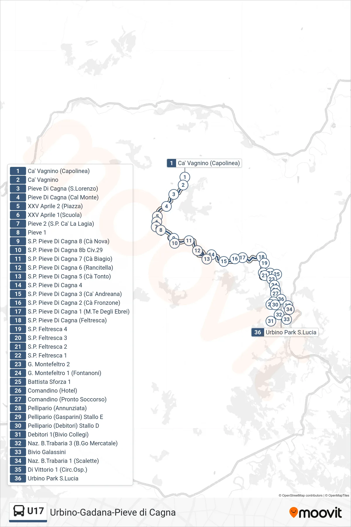 Linea U17  bus (Urbino Park S.Lucia) - Percorsi e fermate sulla mappa
