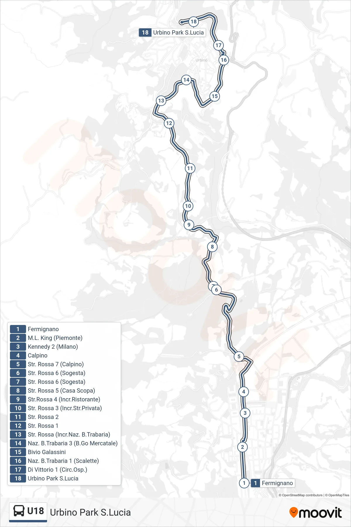 U18 bus Line (Urbino Park S.Lucia) route and stops on a map
