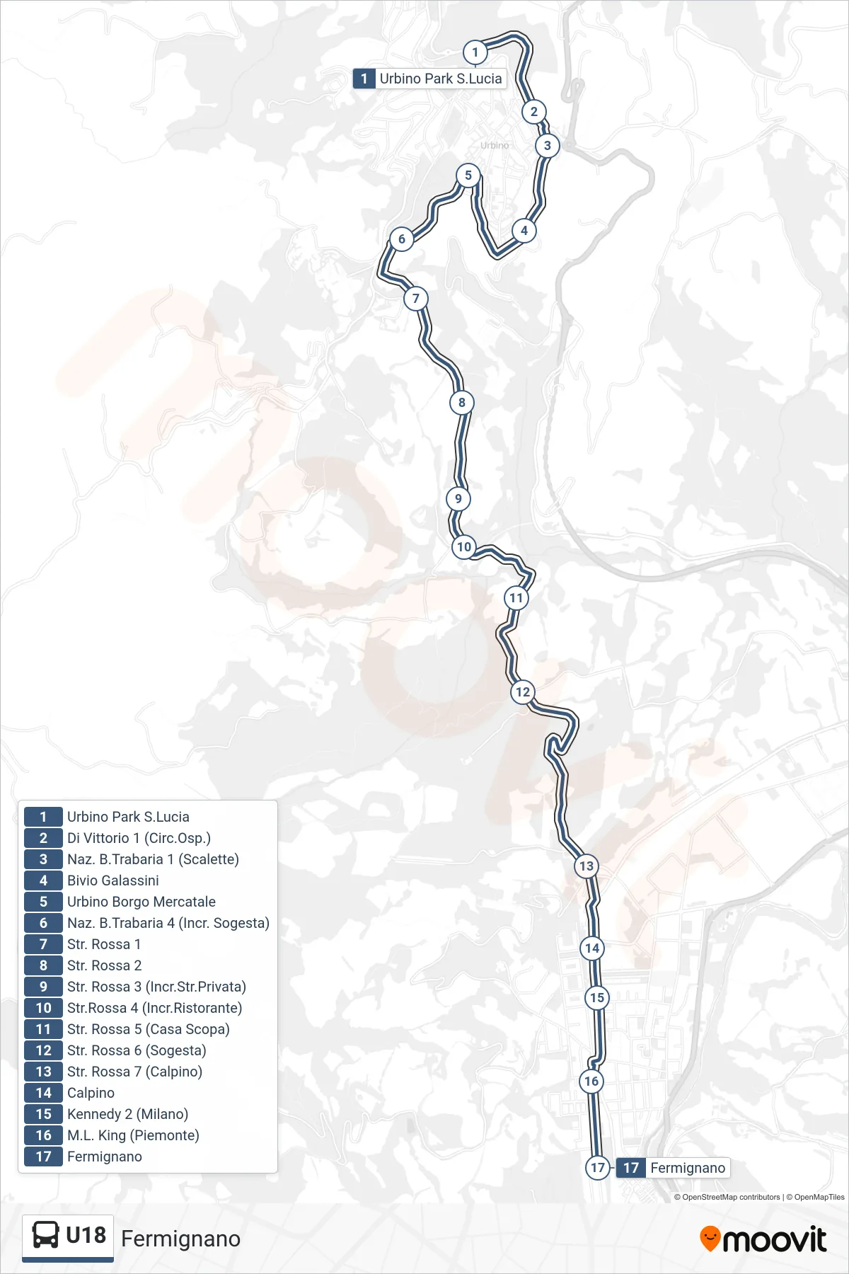 Linea U18  bus (Fermignano) - Percorsi e fermate sulla mappa