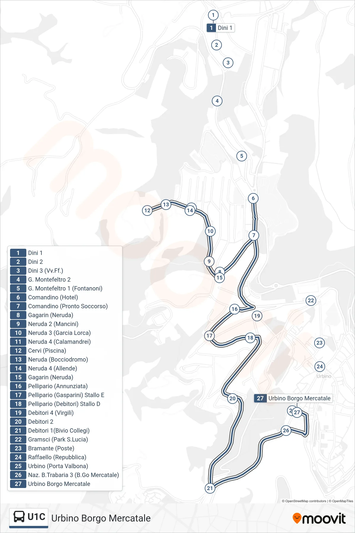Linea U1C  bus (Urbino Borgo Mercatale) - Percorsi e fermate sulla mappa