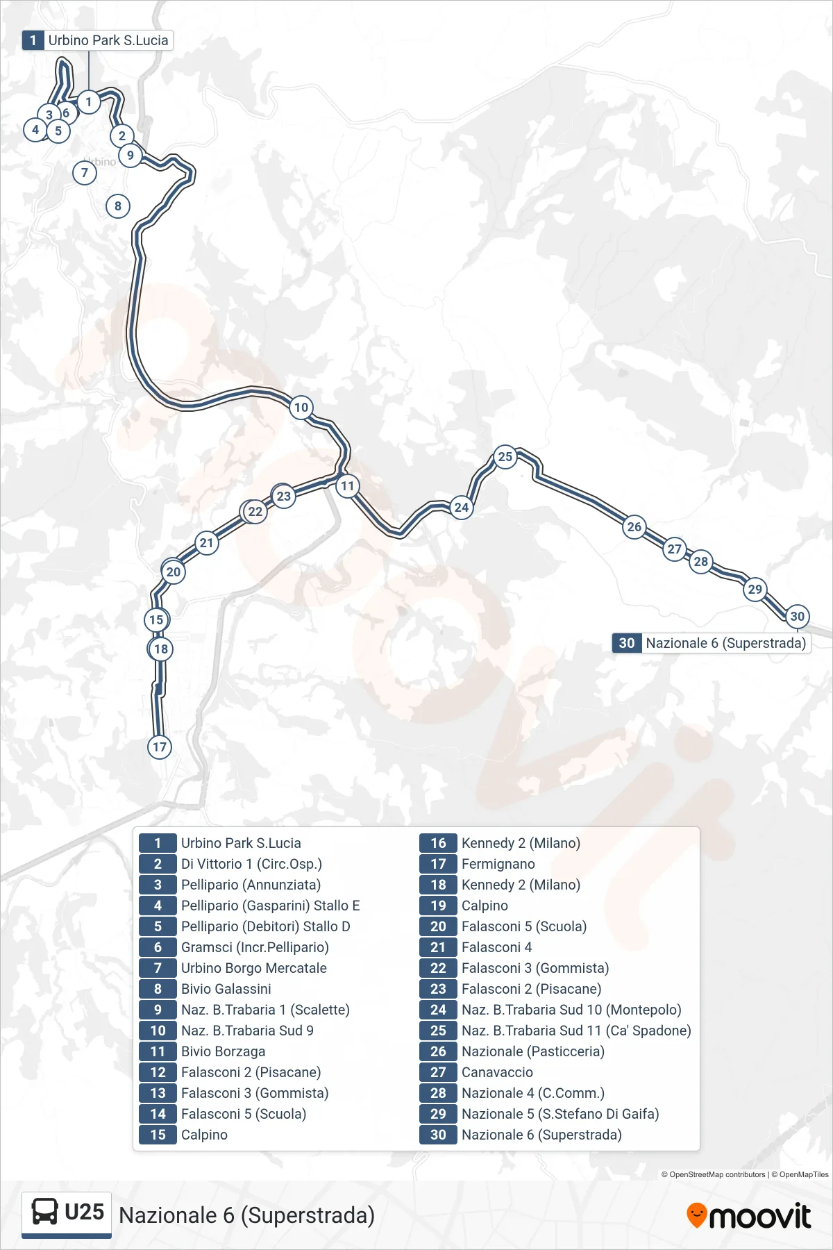 Linea U25 bus (Nazionale 6 (Superstrada)) - Percorsi e fermate sulla mappa