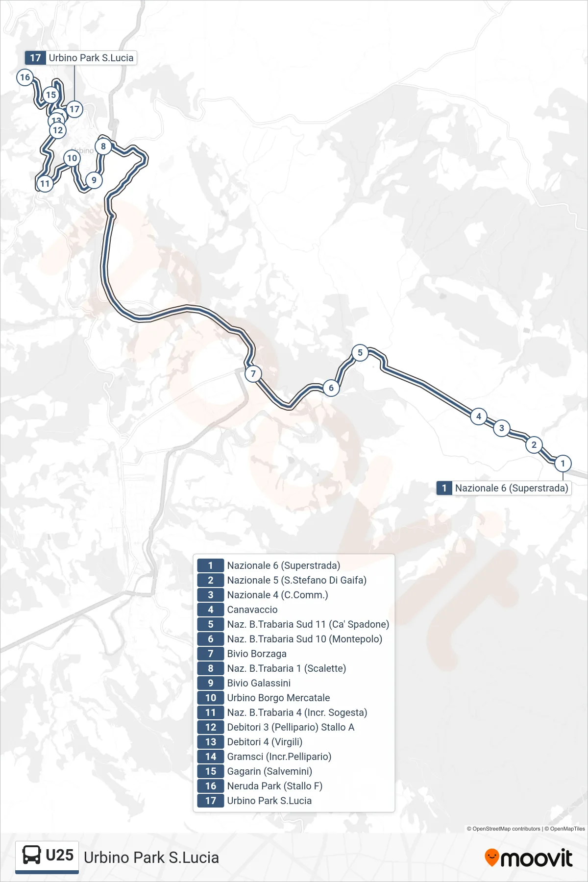 Linea U25 bus (Urbino Park S.Lucia) - Percorsi e fermate sulla mappa