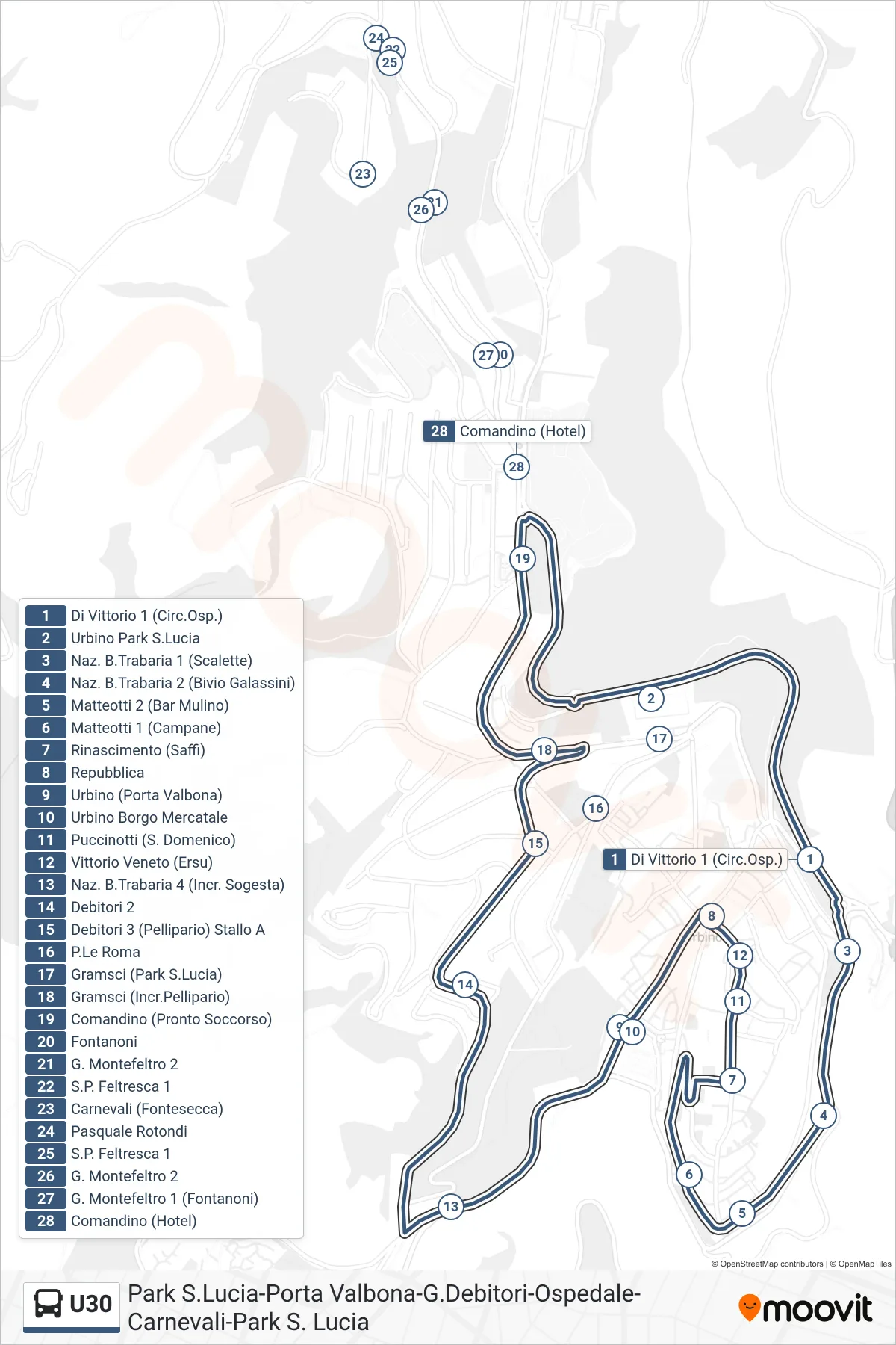 Linea U30 bus (Urbino Park S.Lucia) - Percorsi e fermate sulla mappa