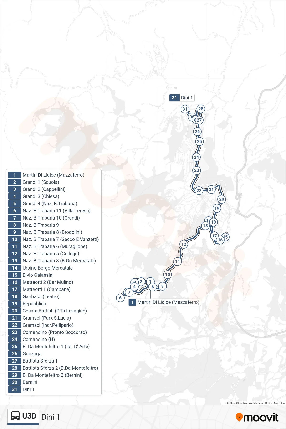 Linea U3D  bus (Dini 1) - Percorsi e fermate sulla mappa