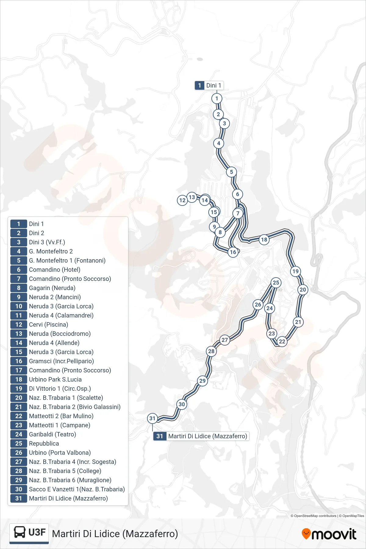 Linea U3F  bus (Martiri Di Lidice (Mazzaferro)) - Percorsi e fermate sulla mappa