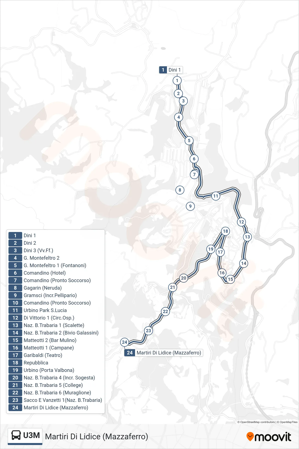 Linea U3M bus (Martiri Di Lidice (Mazzaferro)) - Percorsi e fermate sulla mappa