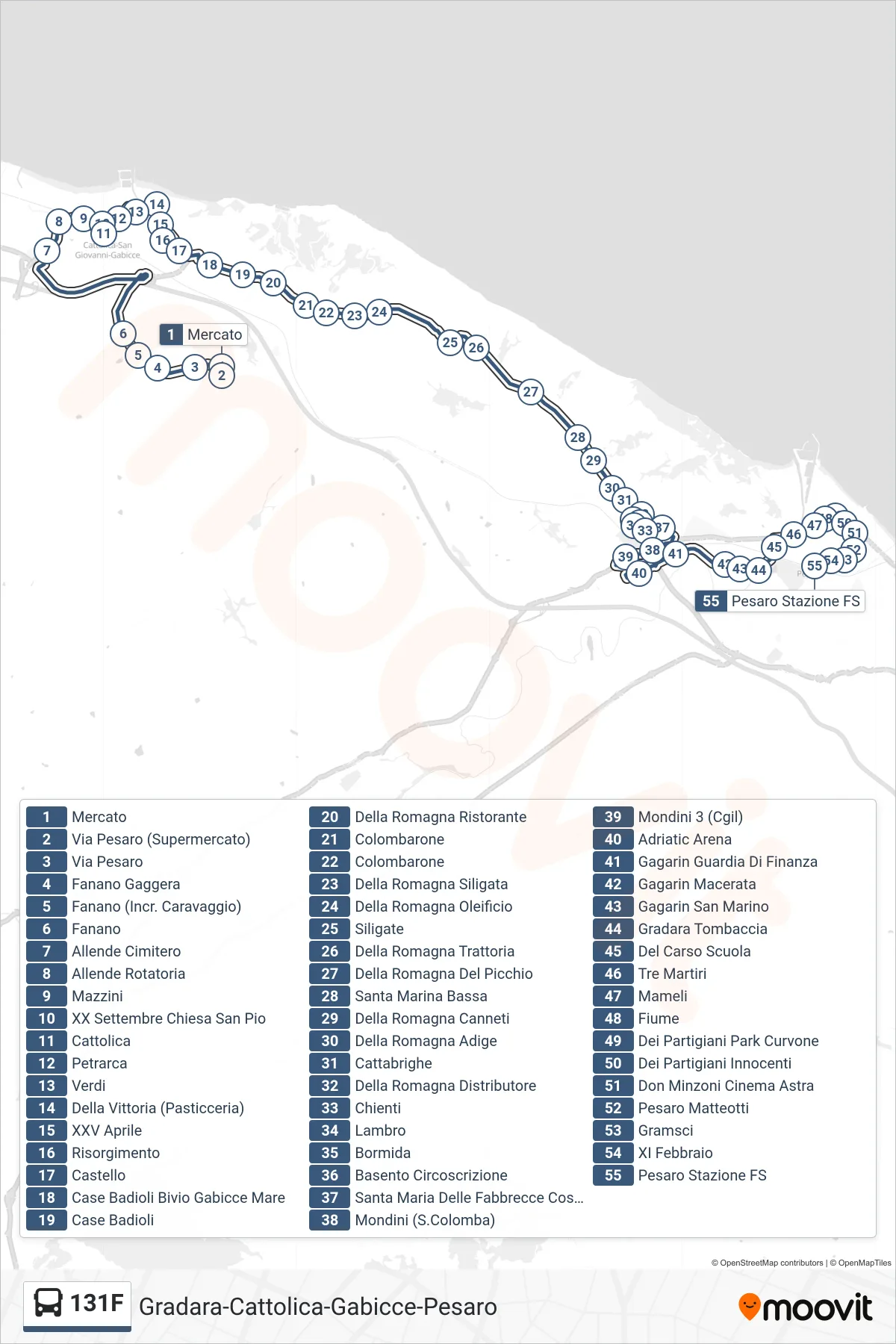 Linea 131F  bus (Pesaro Stazione Ff.Ss.) - Percorsi e fermate sulla mappa