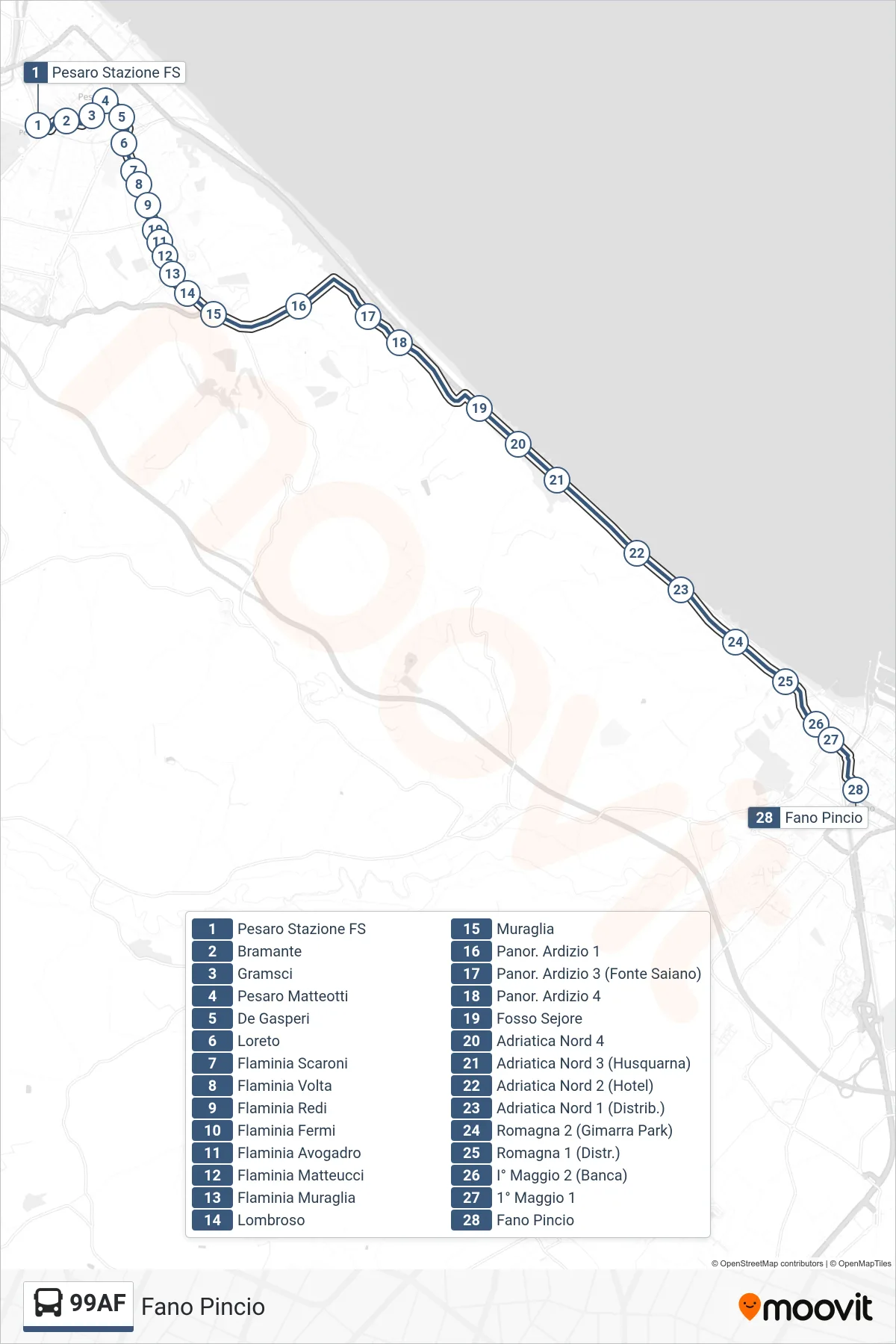 Linea 99AF bus (Fano Pincio) - Percorsi e fermate sulla mappa