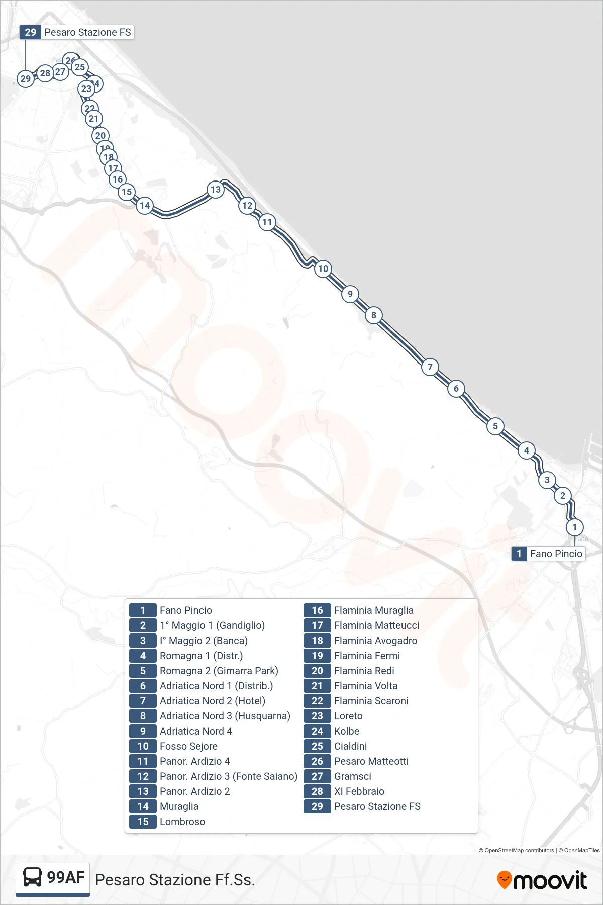 Linea 99AF bus (Pesaro Stazione Ff.Ss.) - Percorsi e fermate sulla mappa