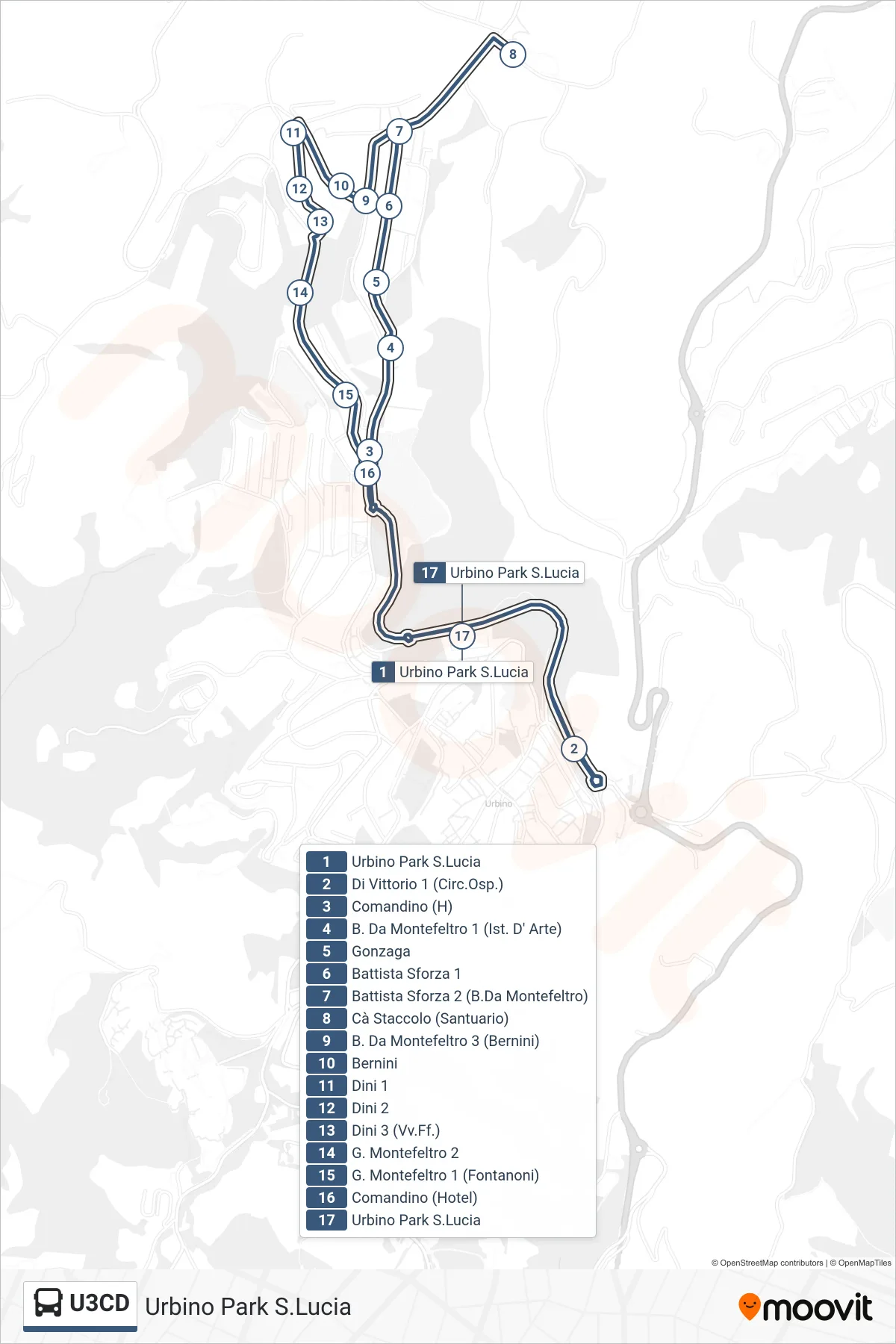 Linea U3CD bus (Urbino Park S.Lucia) - Percorsi e fermate sulla mappa