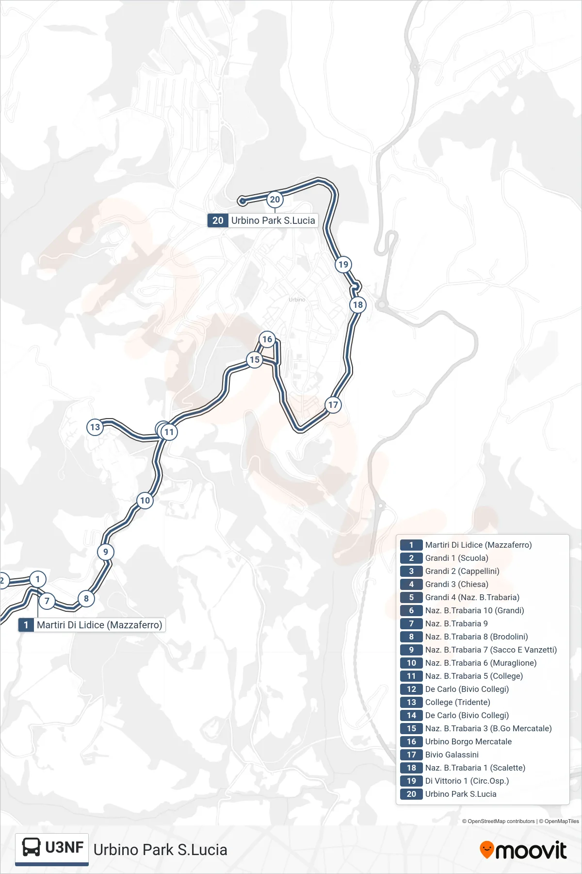 Linea U3NF  bus (Urbino Park S.Lucia) - Percorsi e fermate sulla mappa