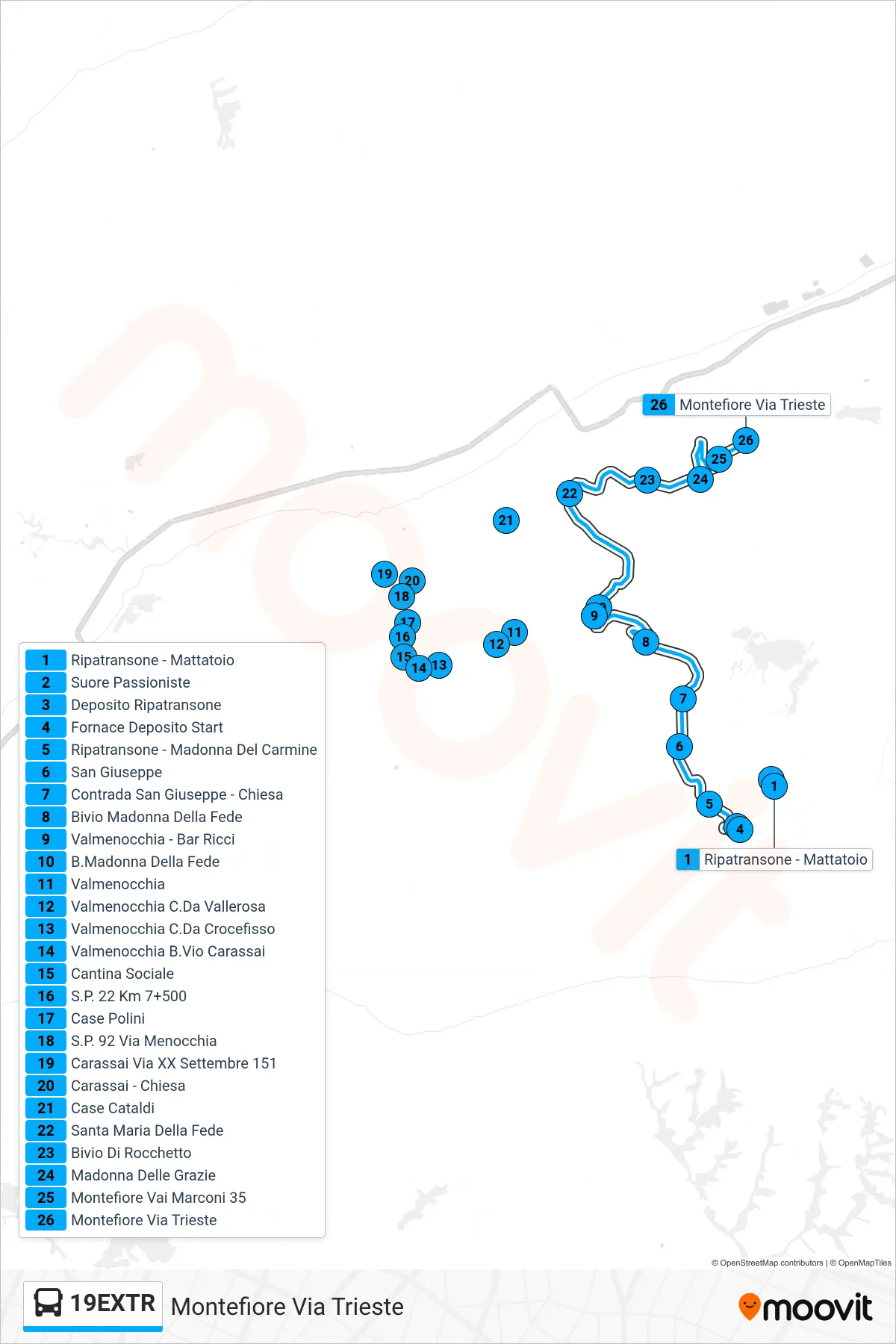 Linea 19EXTR bus (Montefiore Via Trieste) - Percorsi e fermate sulla mappa