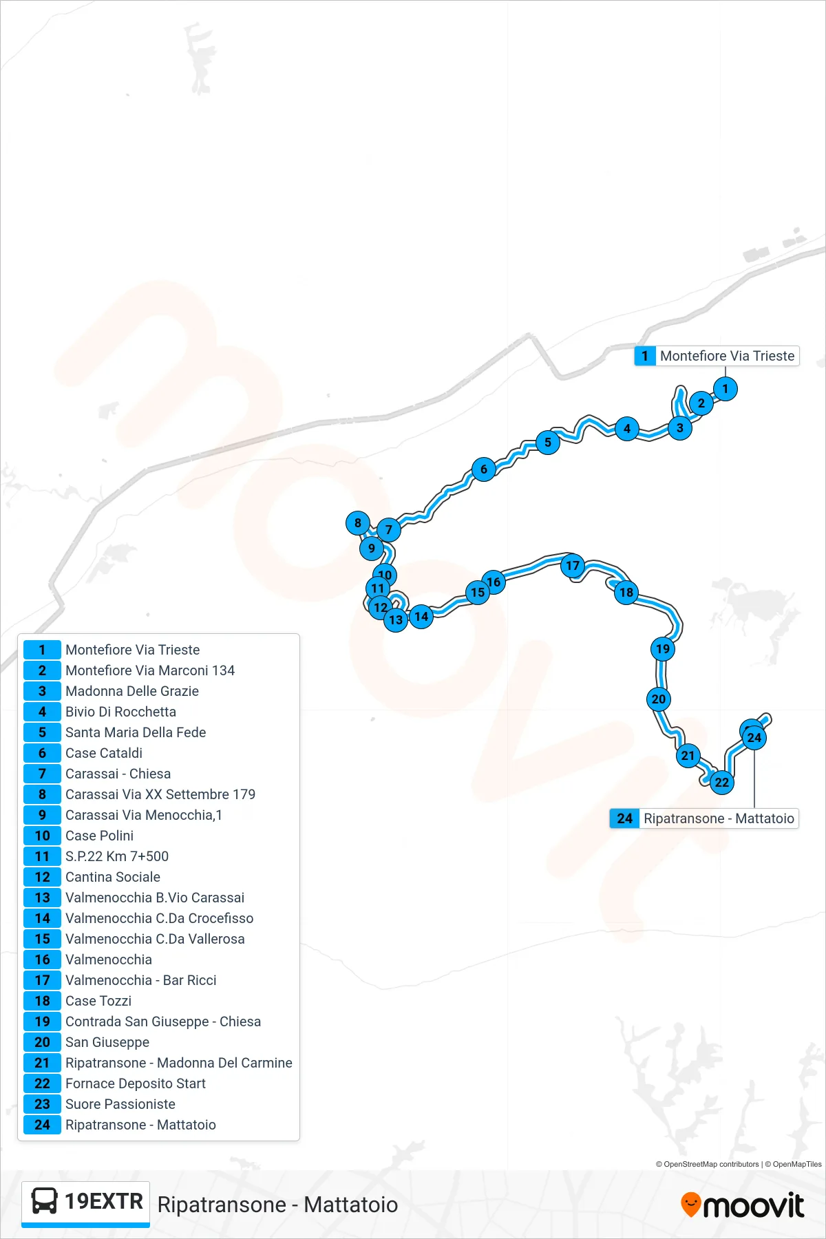 Linea 19EXTR  bus (Ripatransone - Mattatoio) - Percorsi e fermate sulla mappa