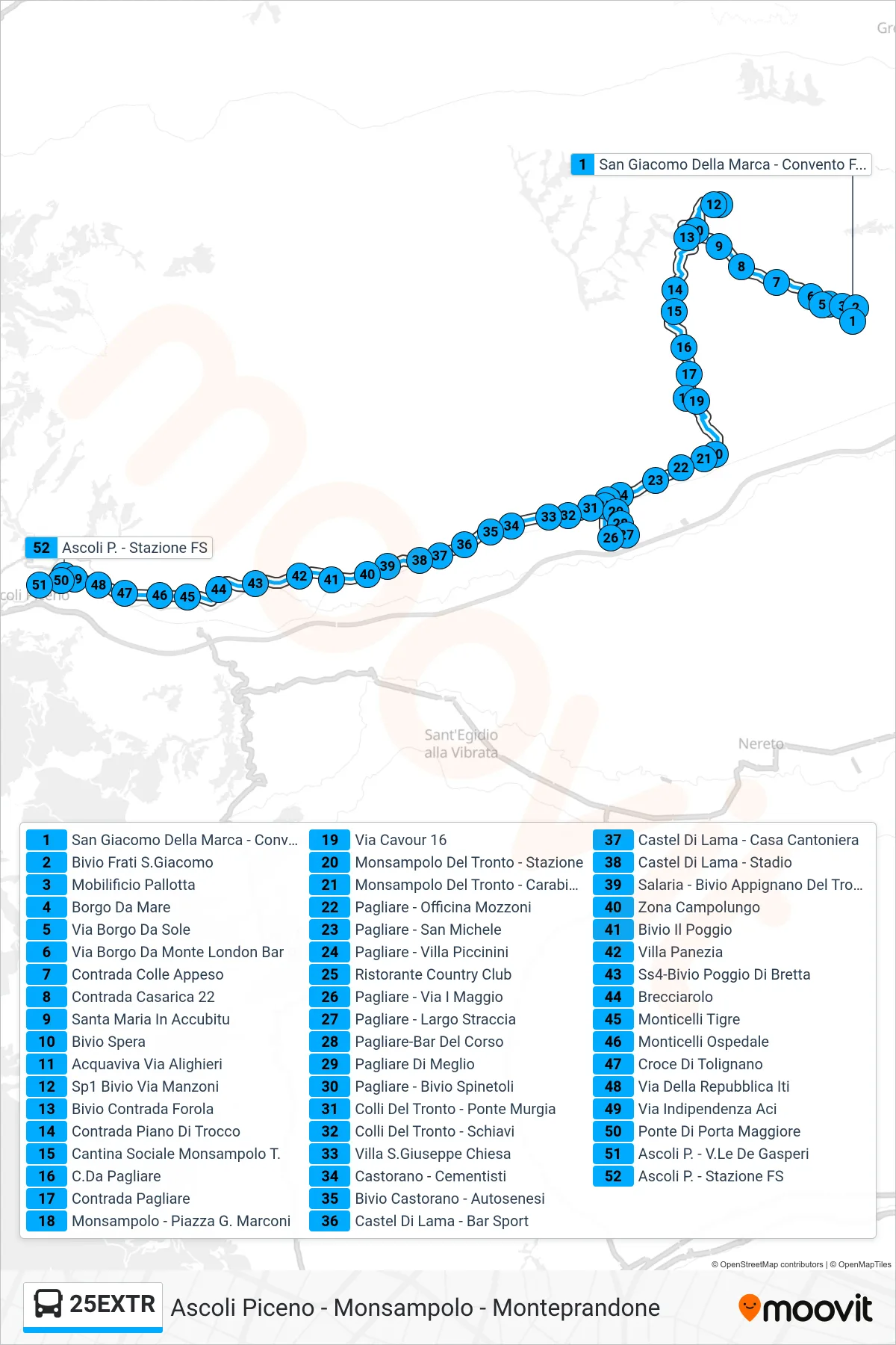 Linea 25EXTR bus (Ascoli P. - Stazione FS) - Percorsi e fermate sulla mappa